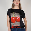Italy Cherry Top – Satin Graphic Blouse with Drawstring Hem