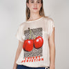 Italy Cherry Top – Satin Graphic Blouse with Drawstring Hem