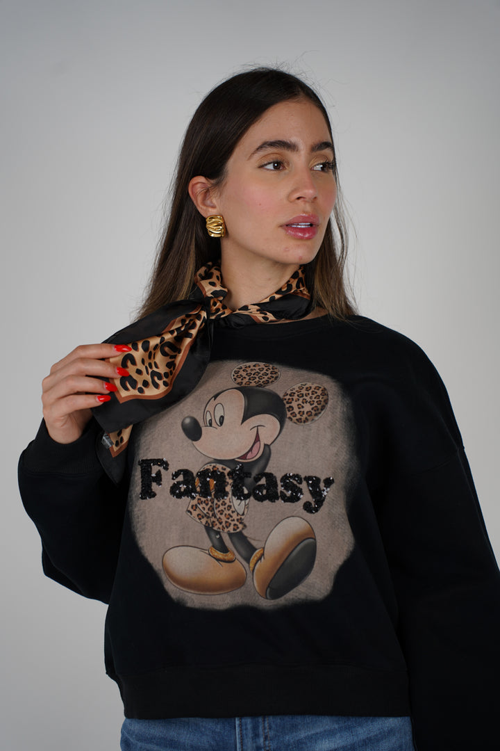 Cropped Fantasy Mickey – Playful Leopard Graphic Sweatshirt