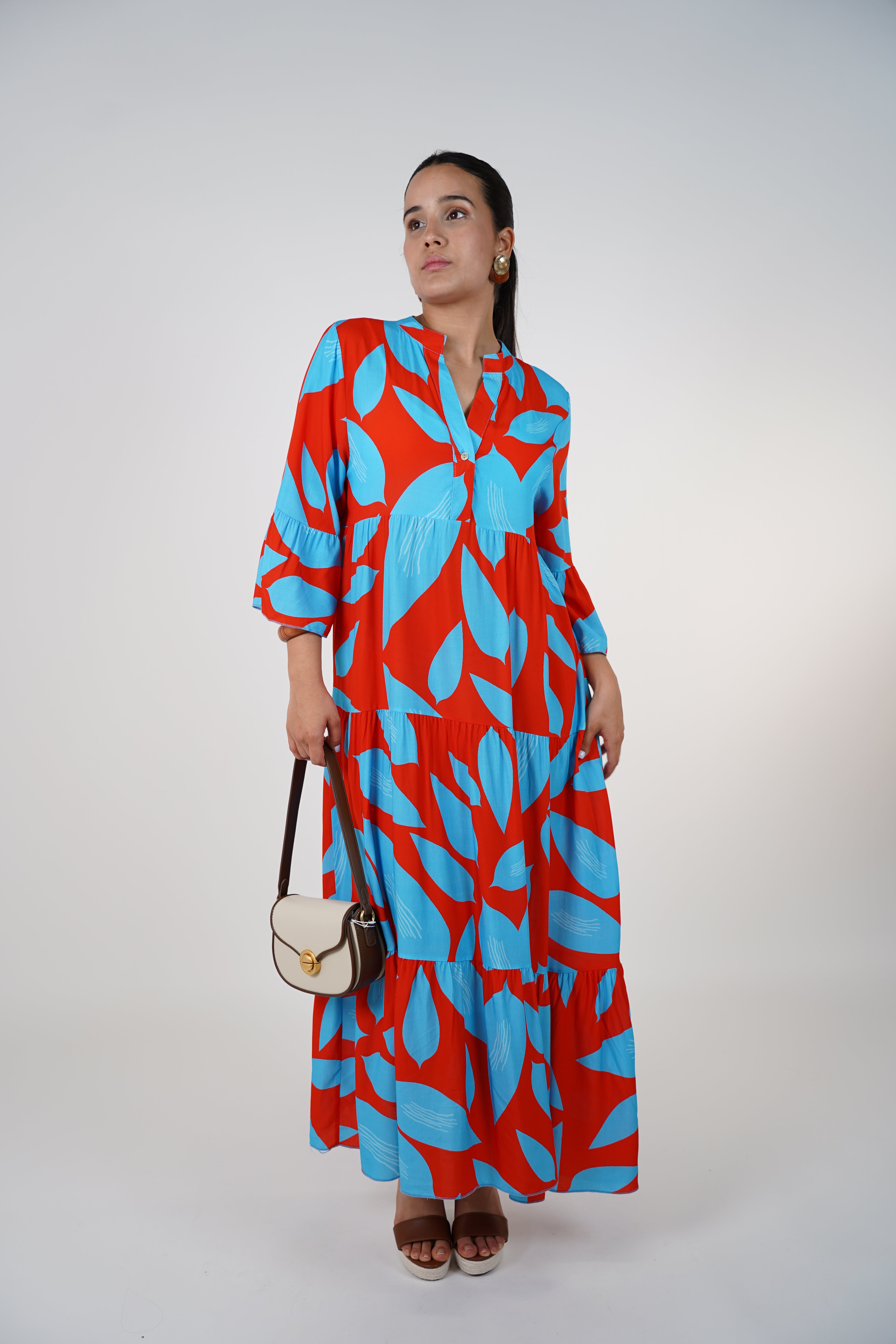 Noelle Ruffle Maxi Dress – Flowy Print Dress in Bold Colors