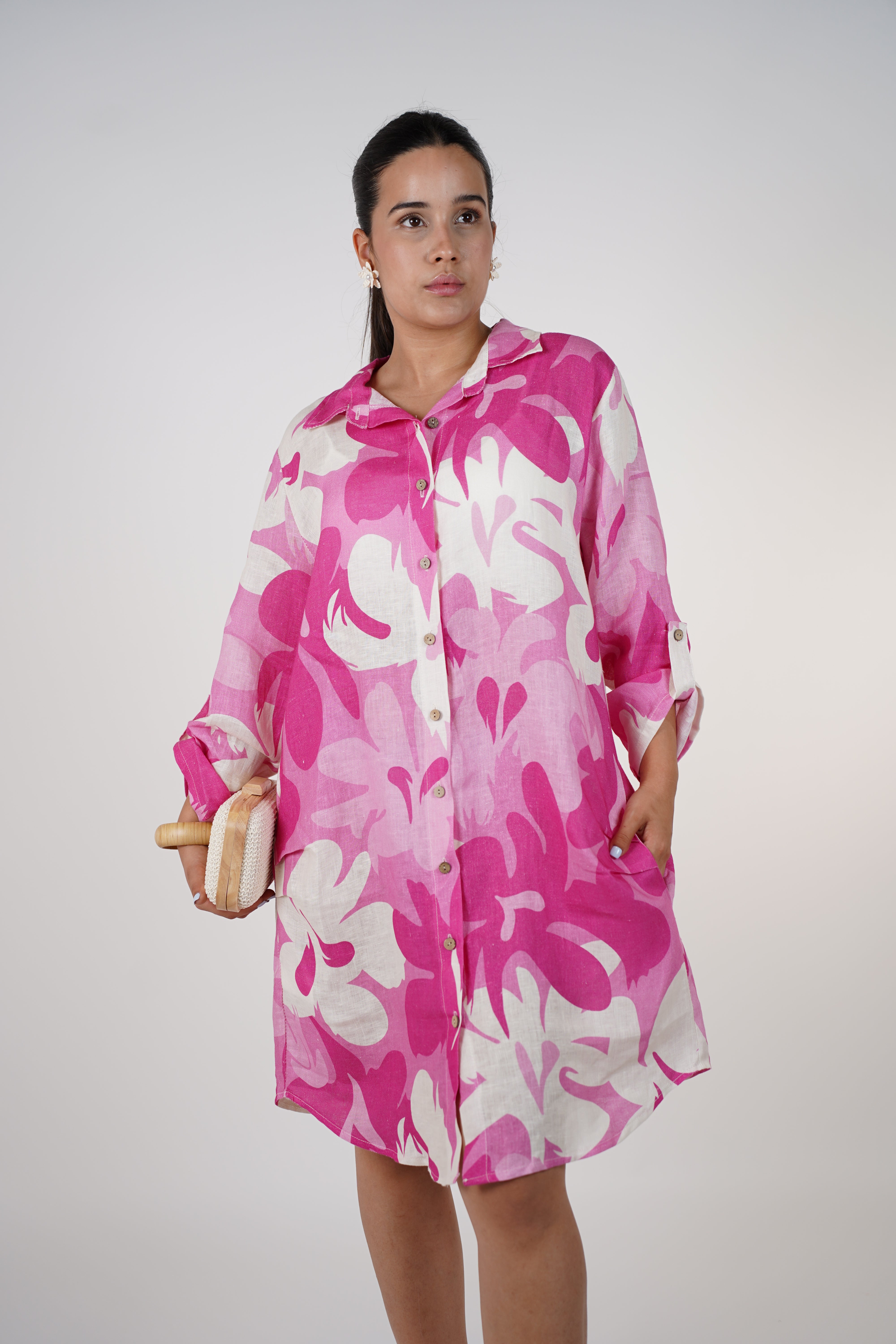 Aylin Stamped Linen Dress – Bright Yellow & Lime Button-Down Shirt Dress