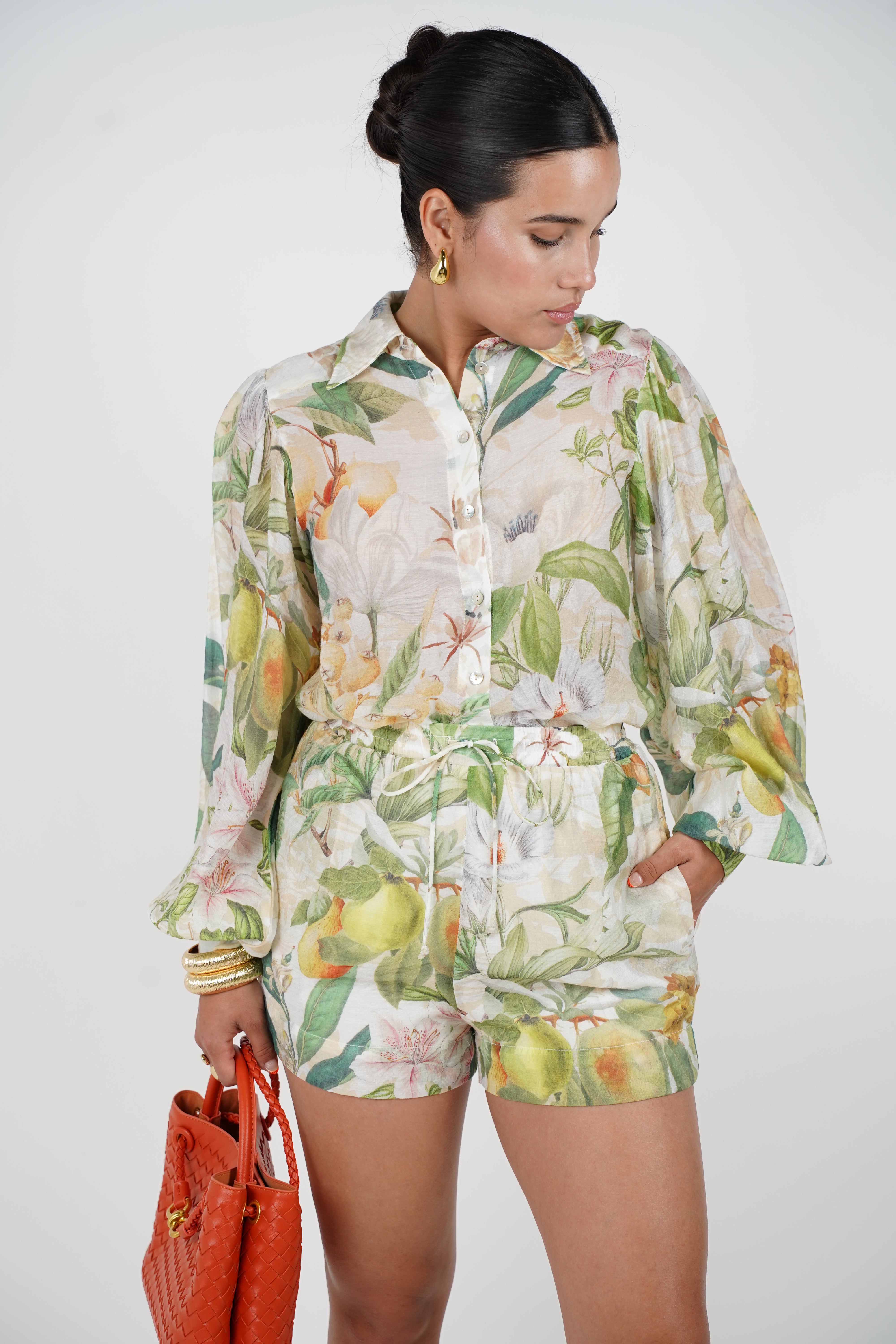 Rilora Floral Shorts Set – Botanical Print Long Sleeve Top and Drawstring Shorts