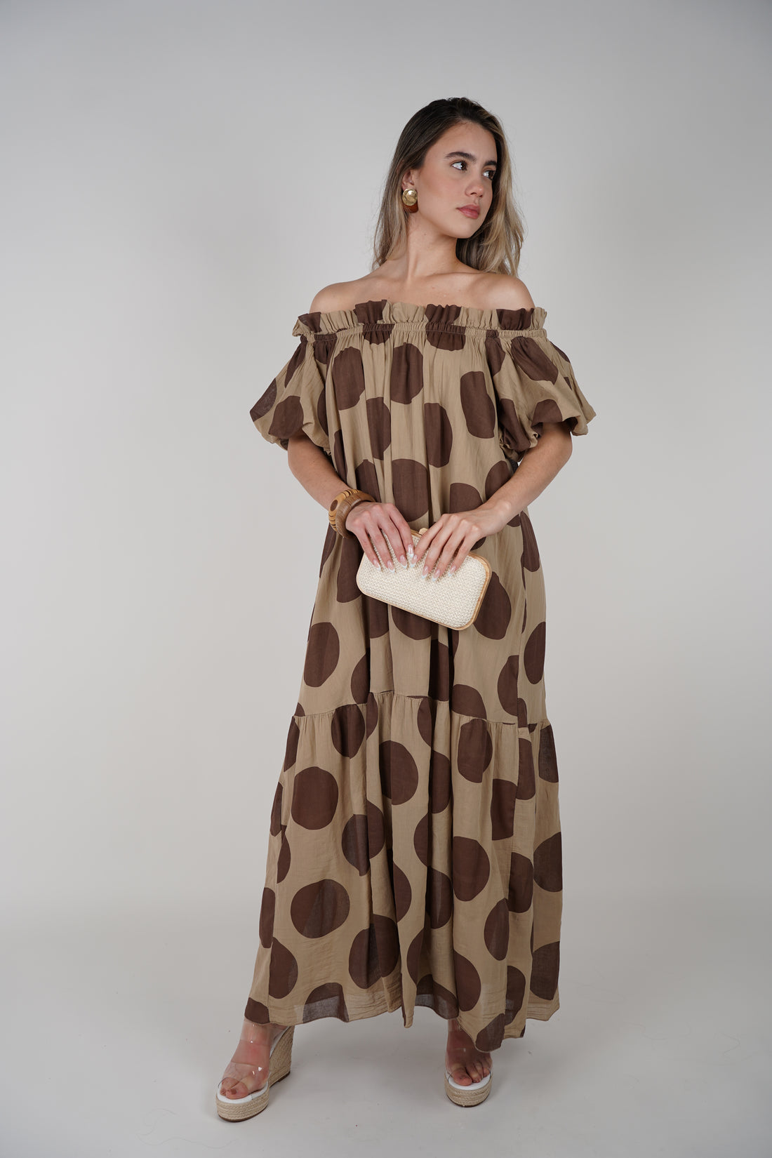 Zeyla Maxi Dress – Polka-Dot Charm with Off-Shoulder Elegance