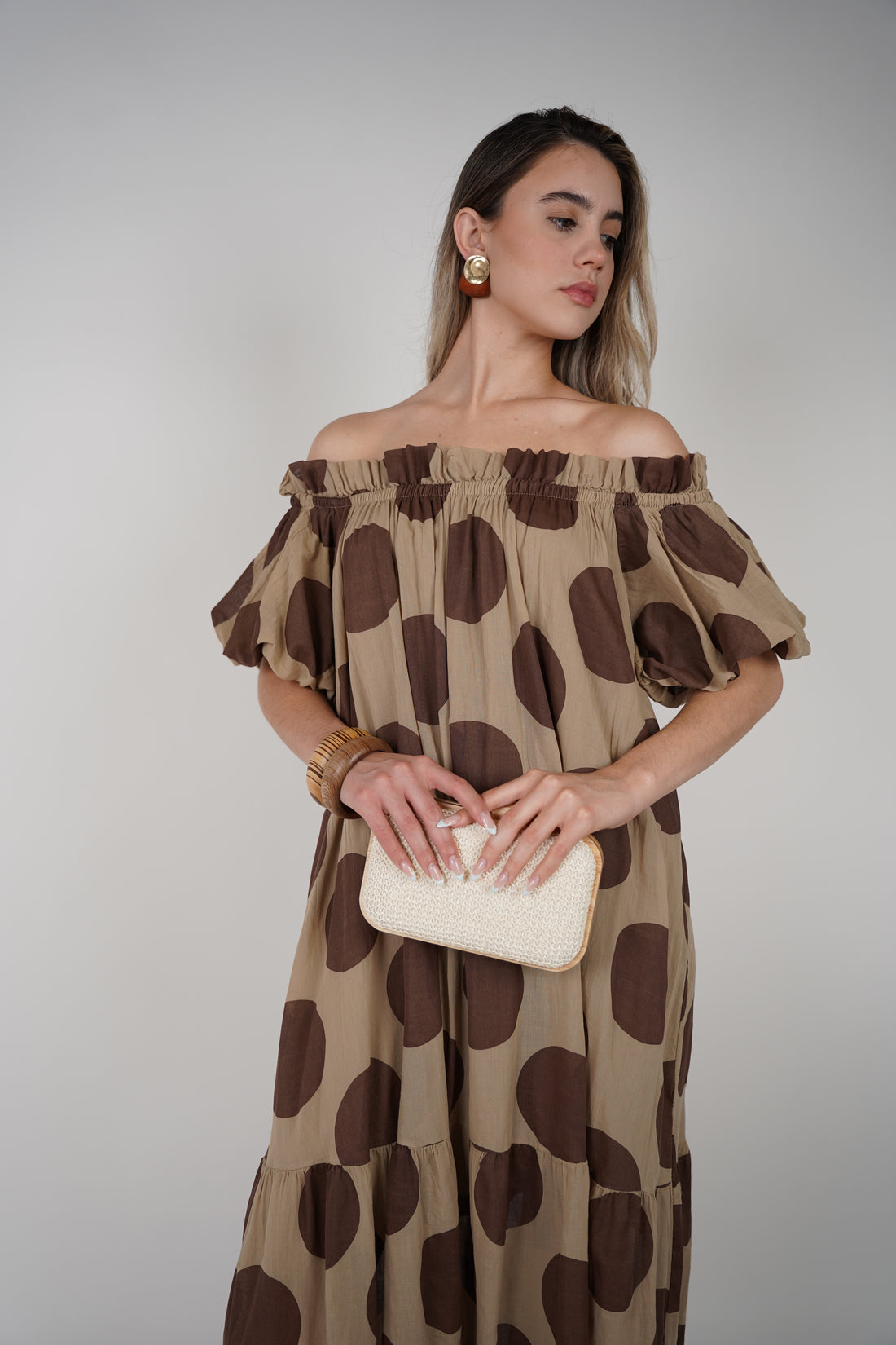 Zeyla Maxi Dress – Polka-Dot Charm with Off-Shoulder Elegance