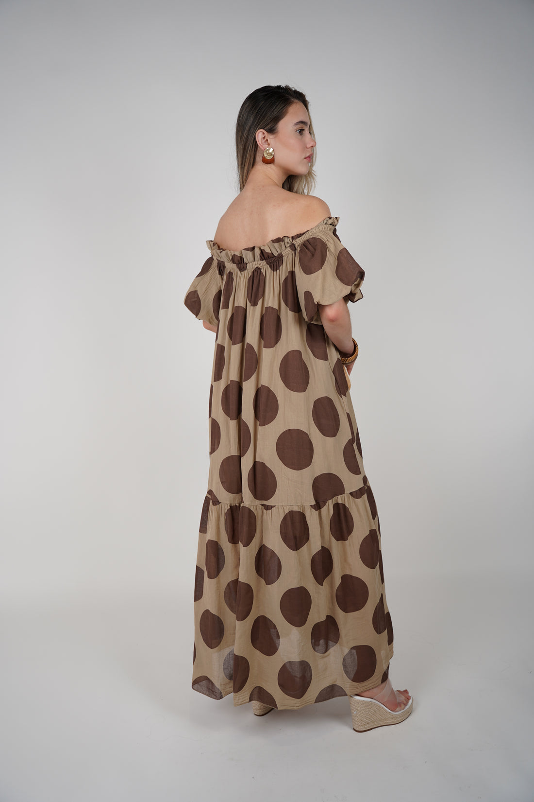 Zeyla Maxi Dress – Polka-Dot Charm with Off-Shoulder Elegance