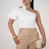 Olix One Shoulder Top – White Statement Puff Sleeve with Flower Accent