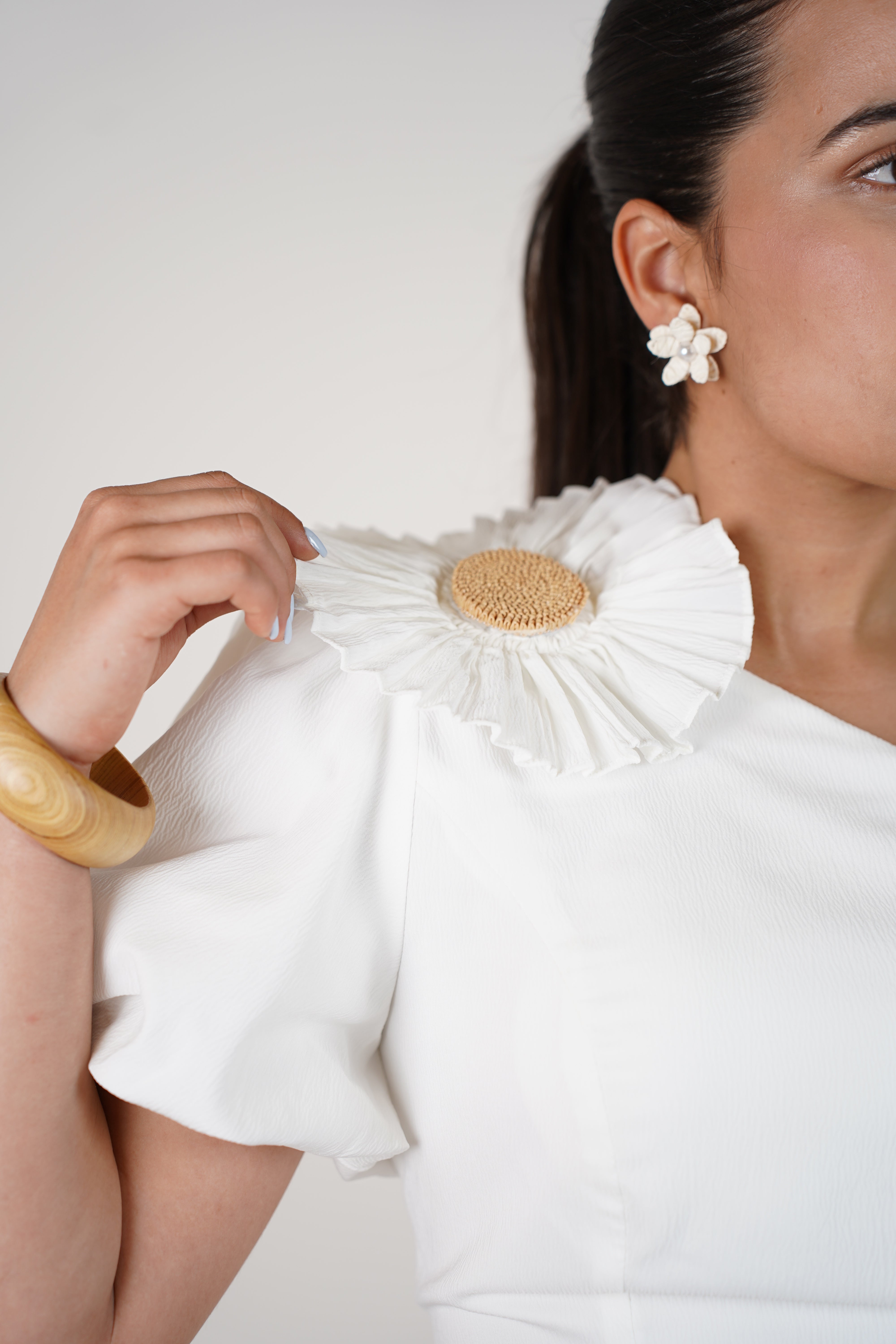 Olix One Shoulder Top – White Statement Puff Sleeve with Flower Accent