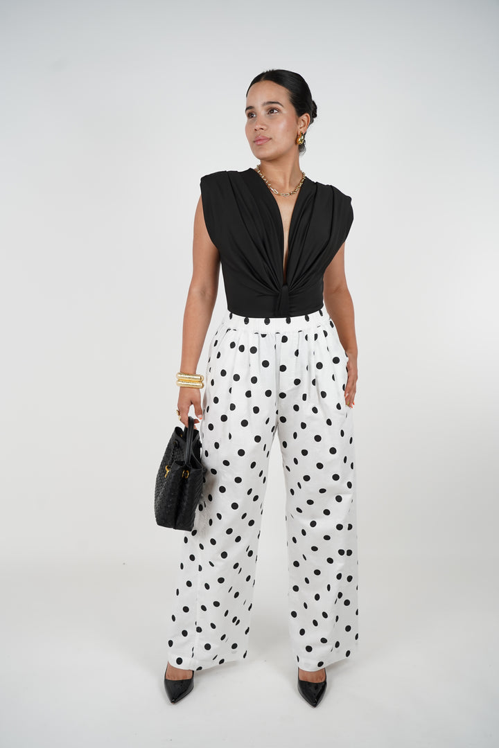 Nuvina Linen Pants – Black Polka Dot Wide-Leg Trousers