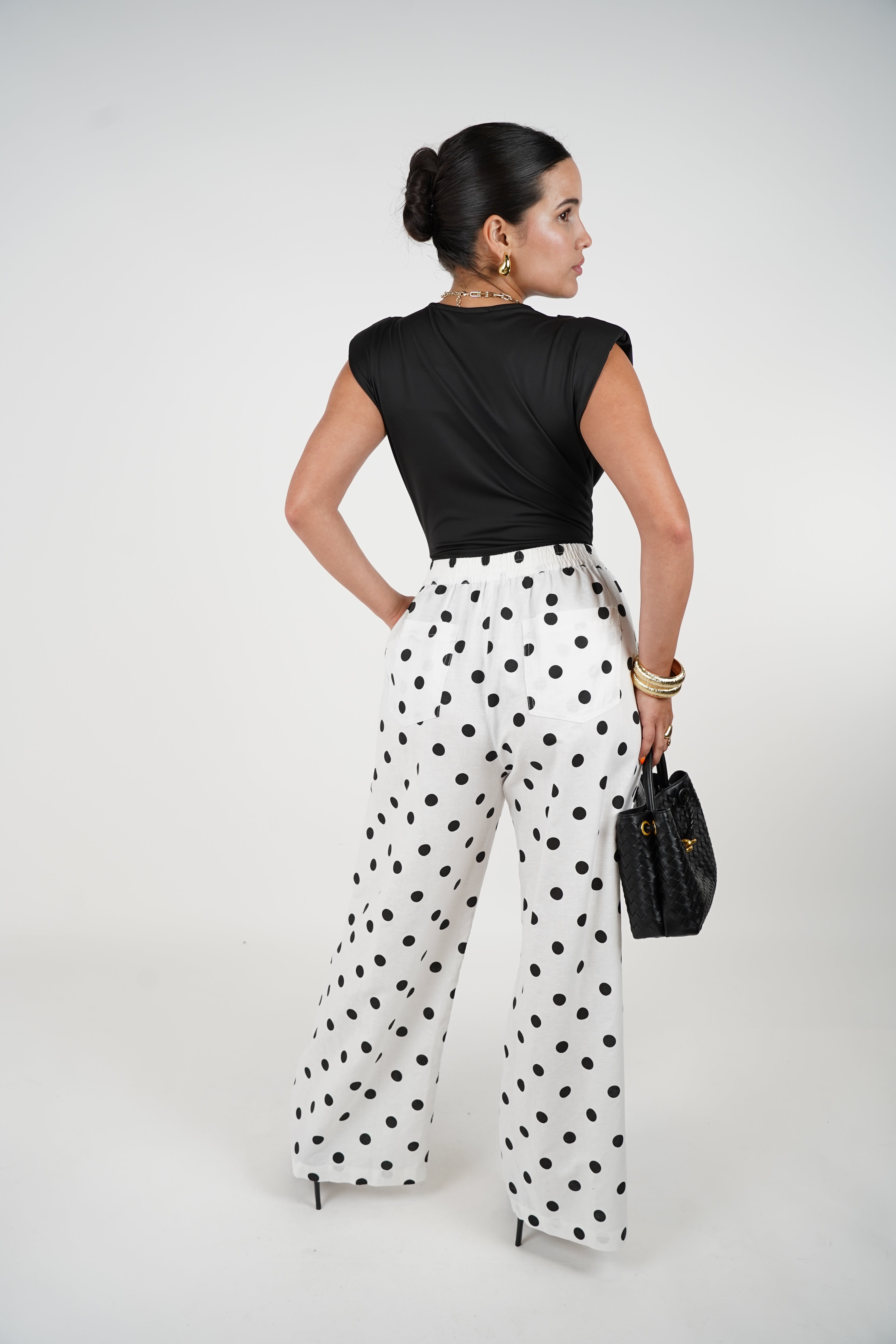 Nuvina Linen Pants – Black Polka Dot Wide-Leg Trousers