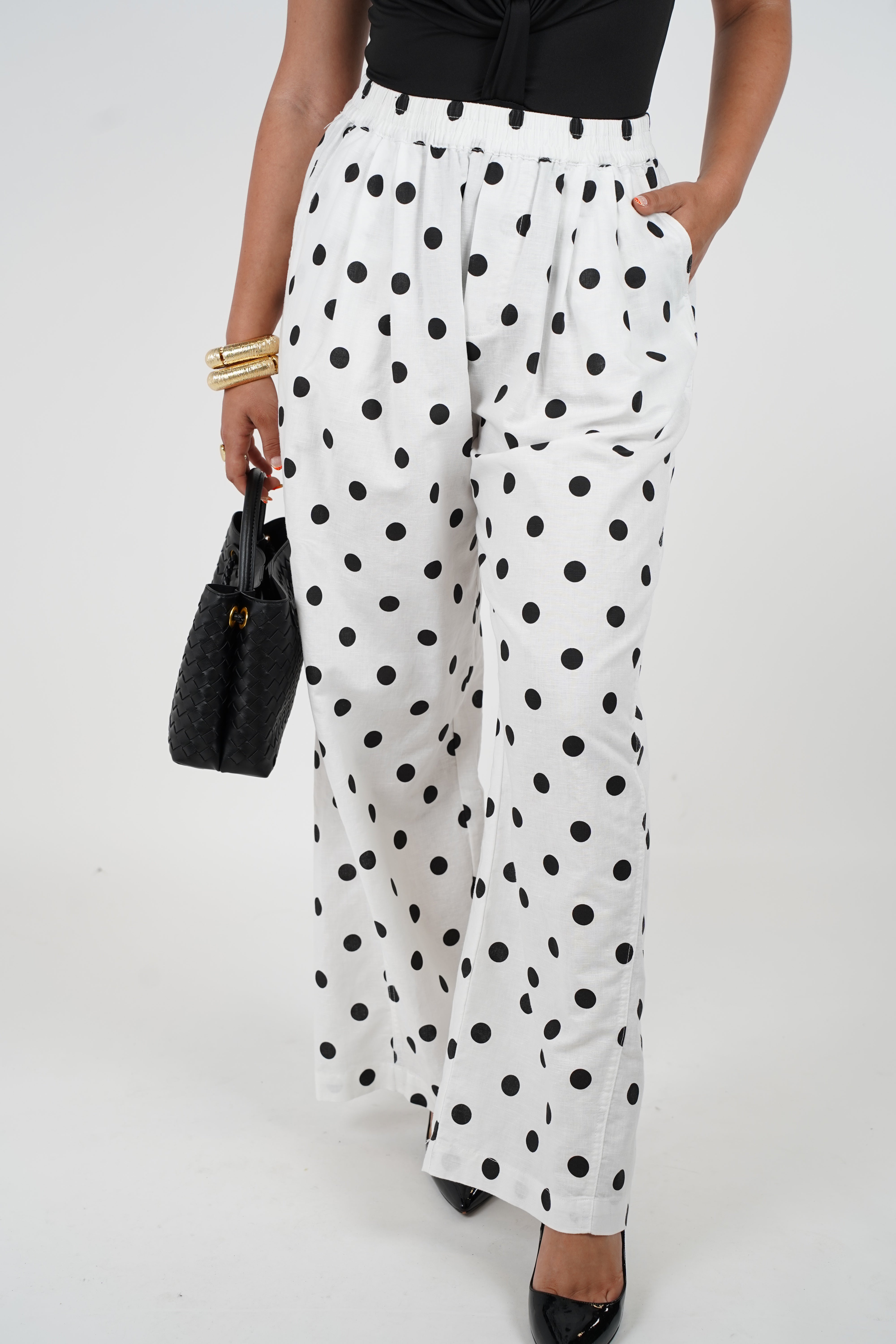 Nuvina Linen Pants – Black Polka Dot Wide-Leg Trousers
