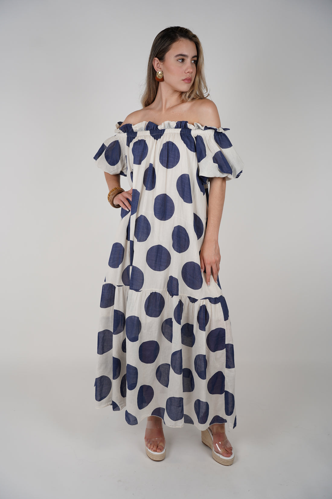 Zeyla Maxi Dress – Polka-Dot Charm with Off-Shoulder Elegance