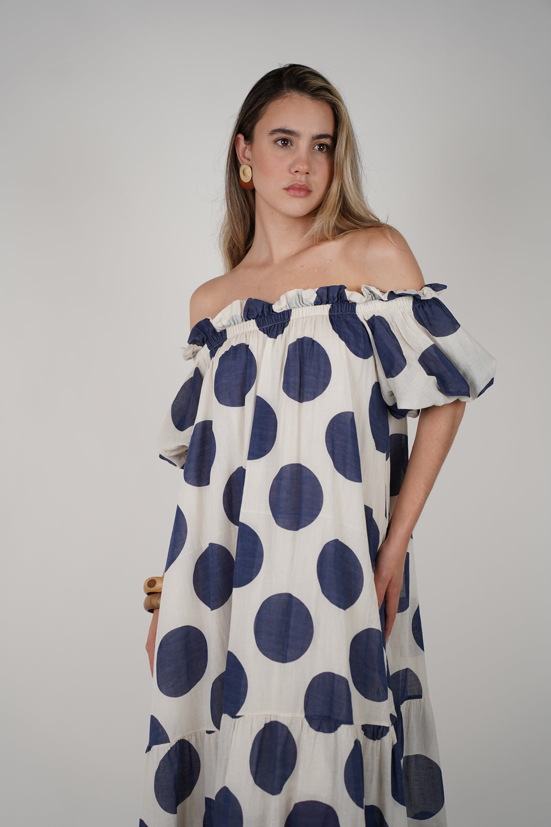Zeyla Maxi Dress – Polka-Dot Charm with Off-Shoulder Elegance