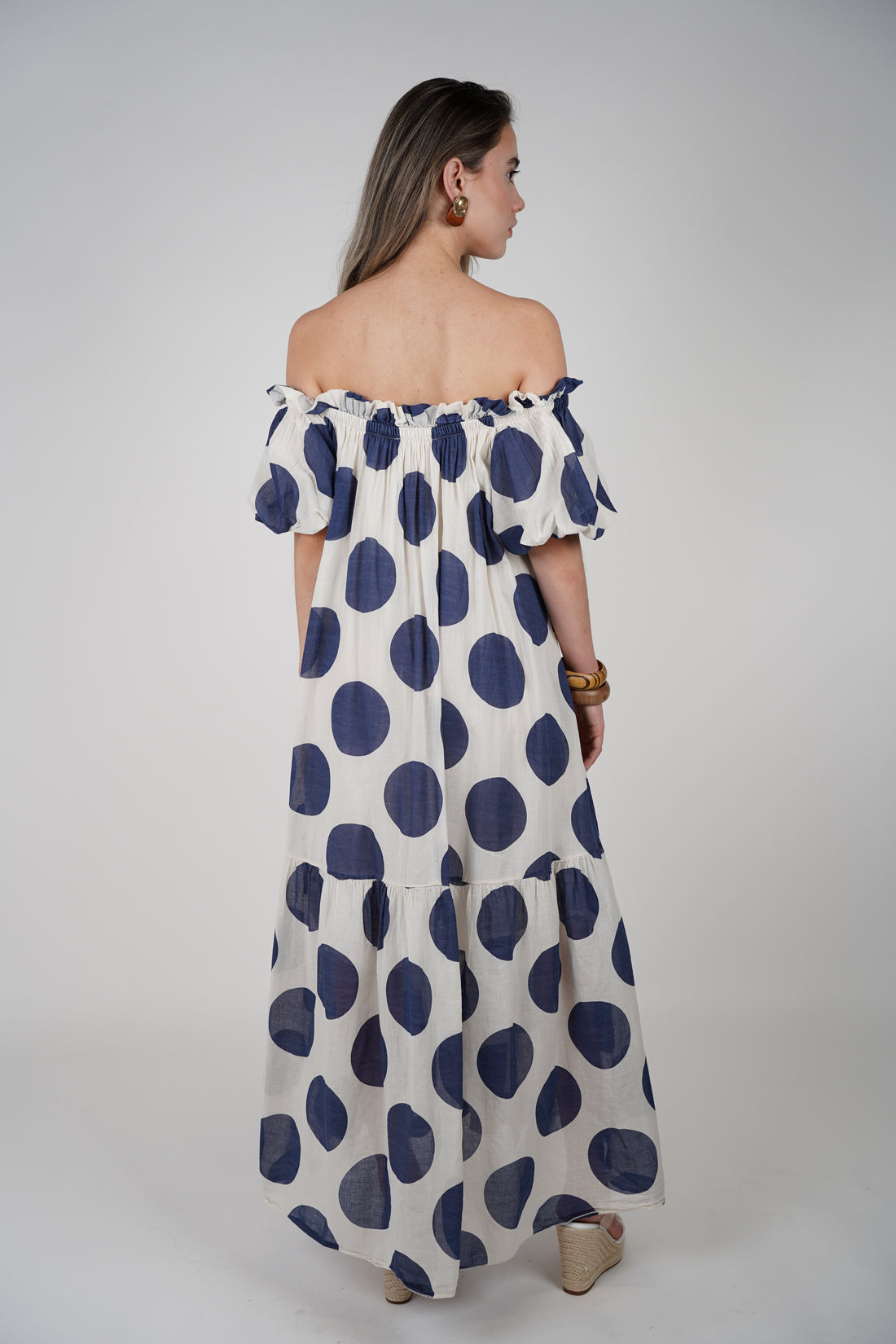 Zeyla Maxi Dress – Polka-Dot Charm with Off-Shoulder Elegance