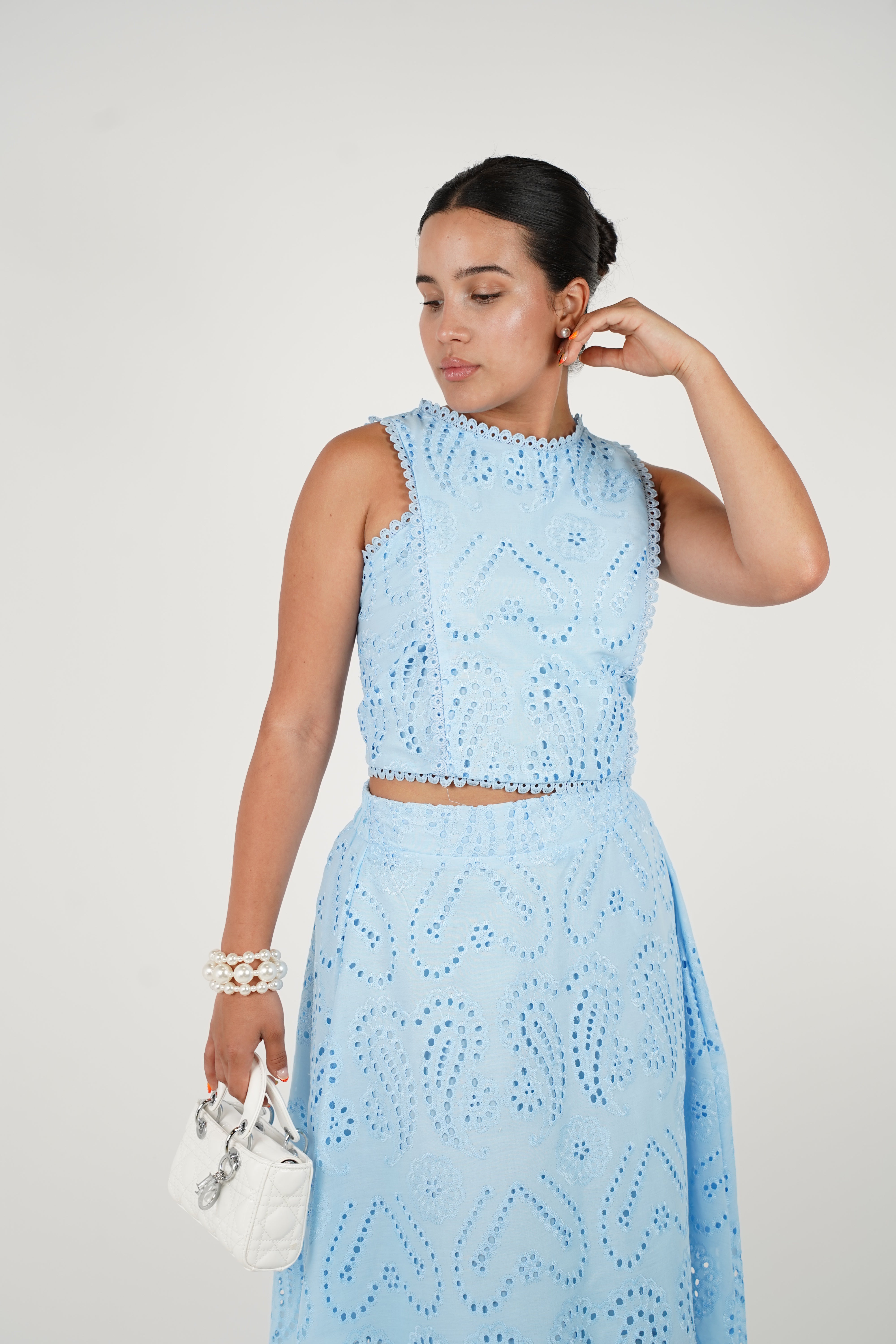 Virelle Crochet Skirt Set – Light Blue Eyelet Two-Piece Outfit