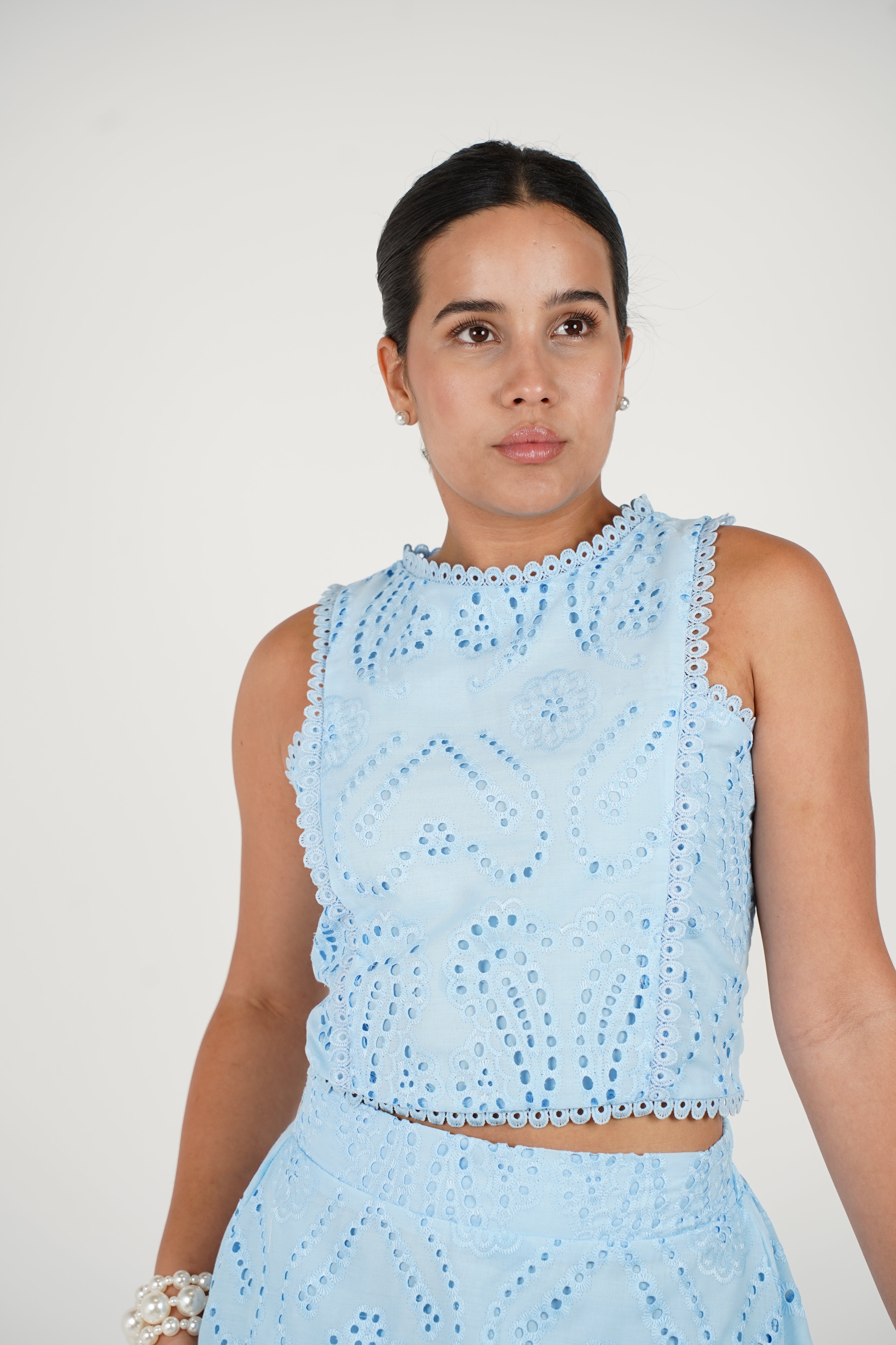 Virelle Crochet Skirt Set – Light Blue Eyelet Two-Piece Outfit