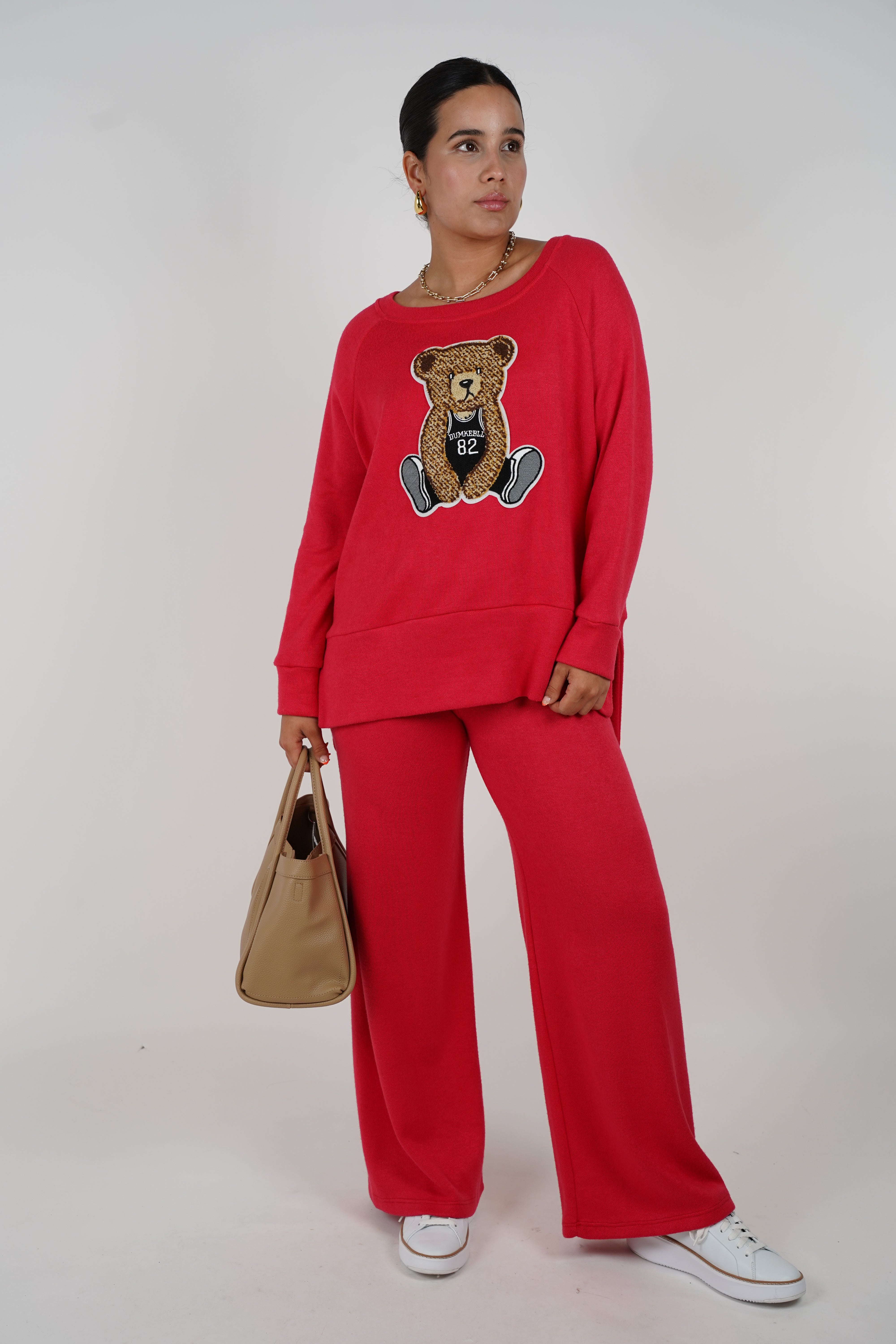 Bear Sweater Set – Relaxed Red Knit Set with Teddy Patch Detail