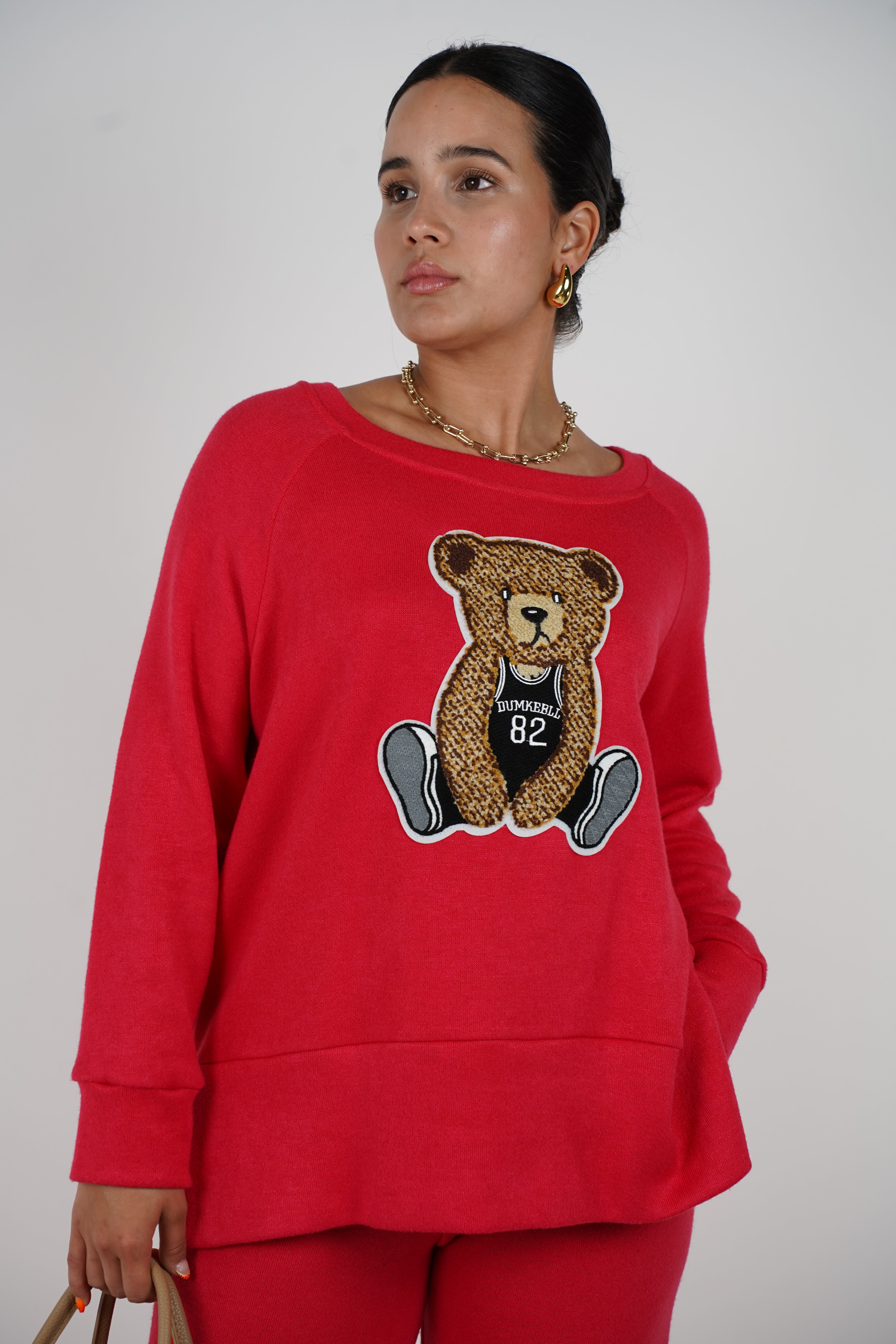 Bear Sweater Set – Relaxed Red Knit Set with Teddy Patch Detail