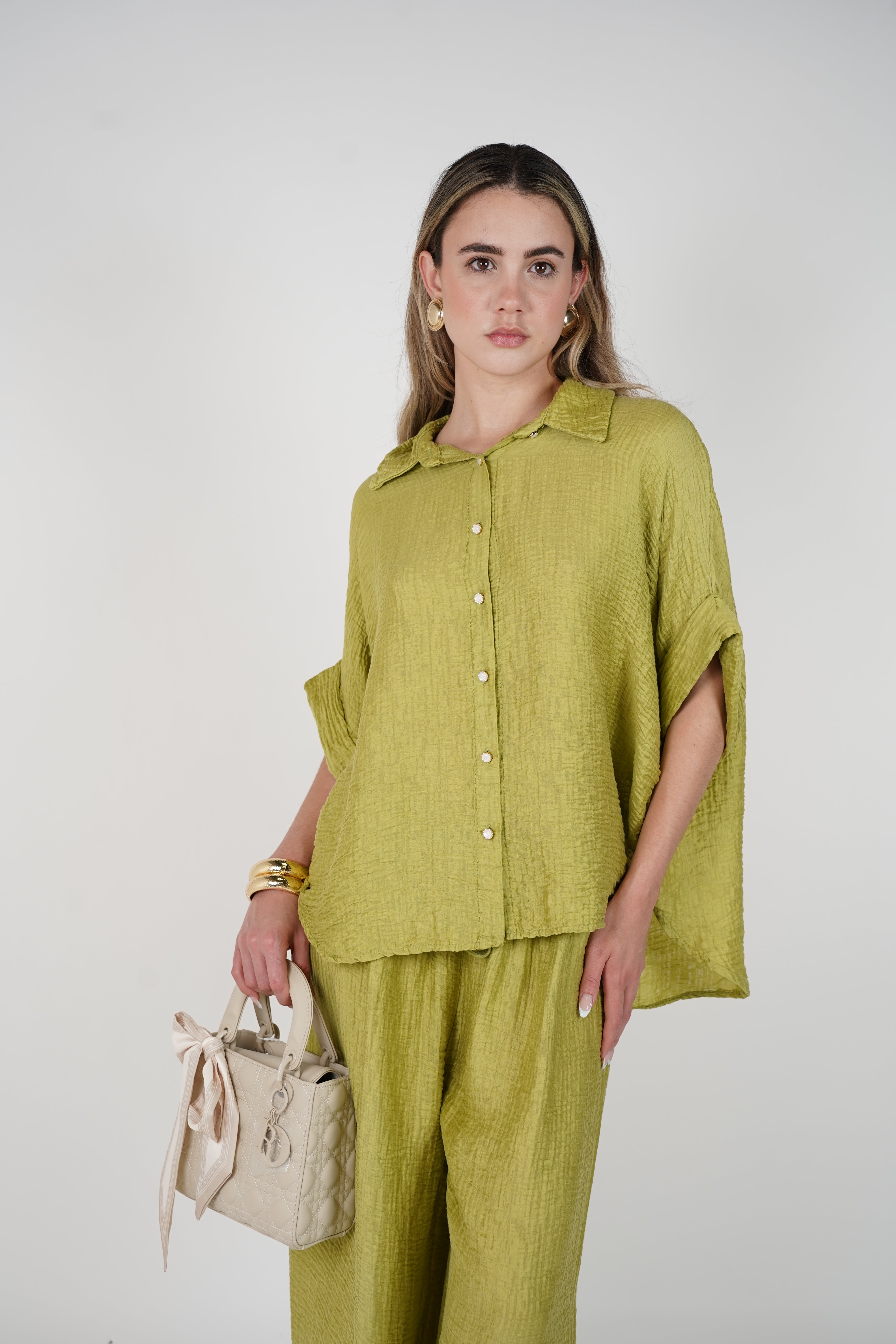 Evelyn Oversized Pants Set – Flowy Button Top & Wide-Leg Pants, One Size, Multiple Colors