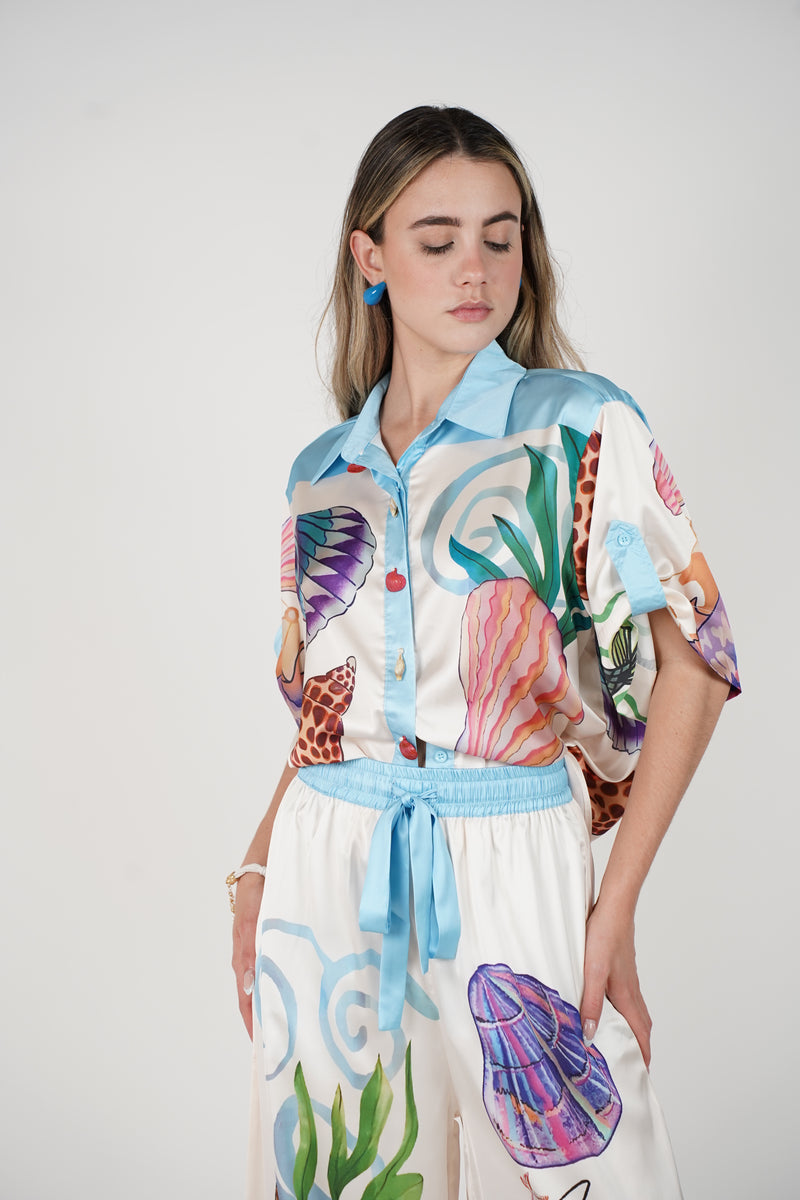 Norell Ocean Stamped Silk Pants Set – Vibrant Coastal Luxe