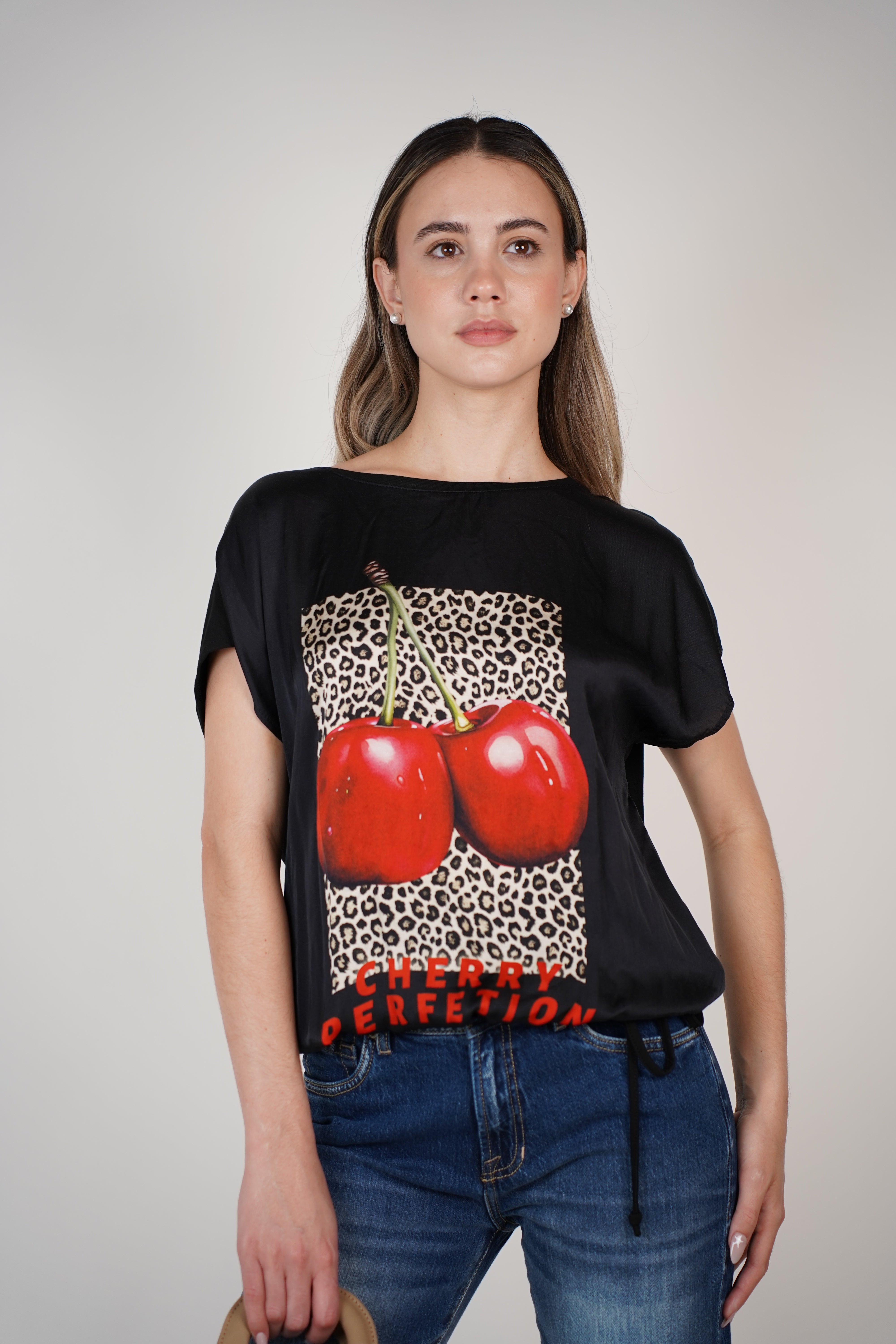 Italy Cherry Top – Satin Graphic Blouse with Drawstring Hem