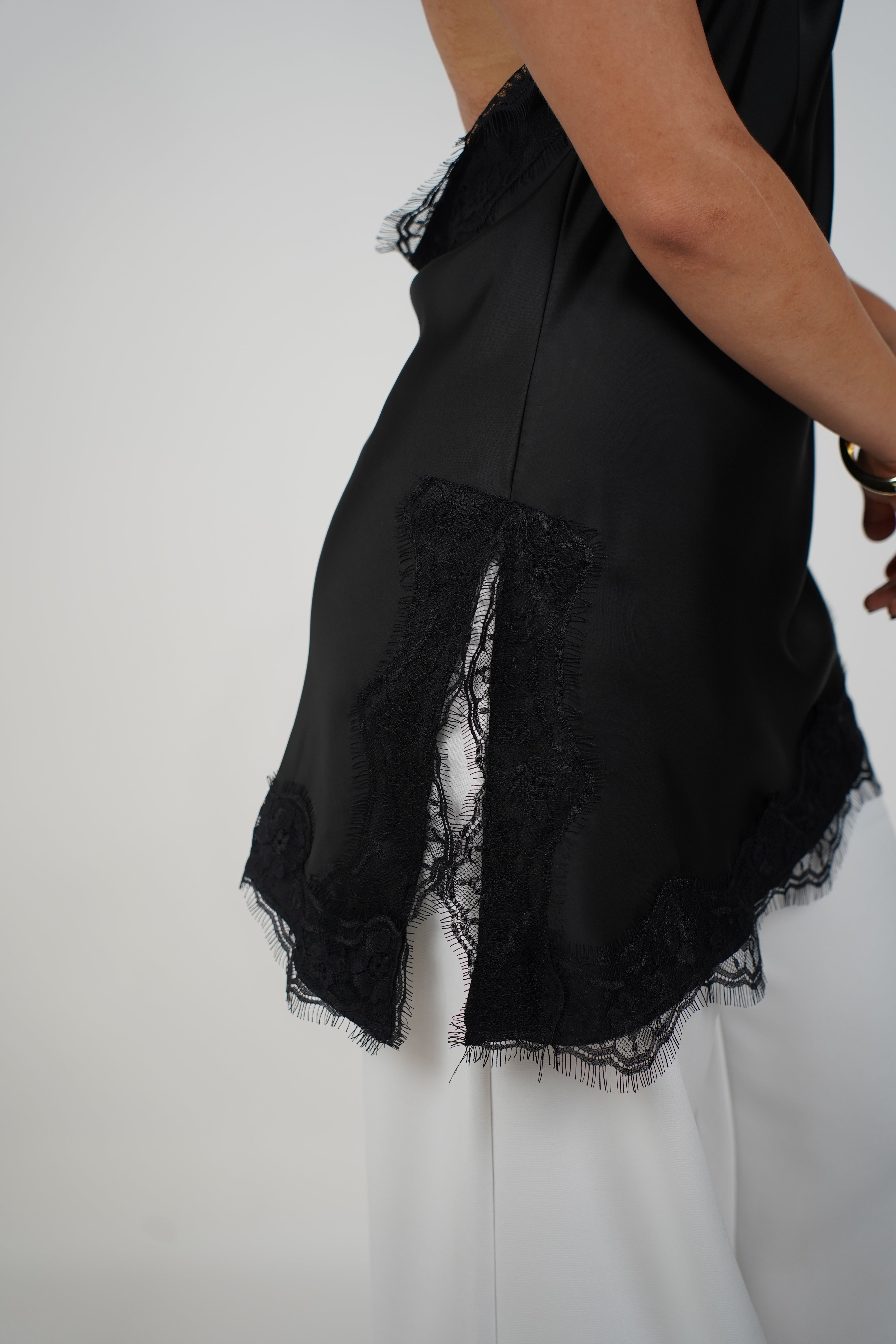 Faye Satin Top – Sleek Elegance with Delicate Lace Trim