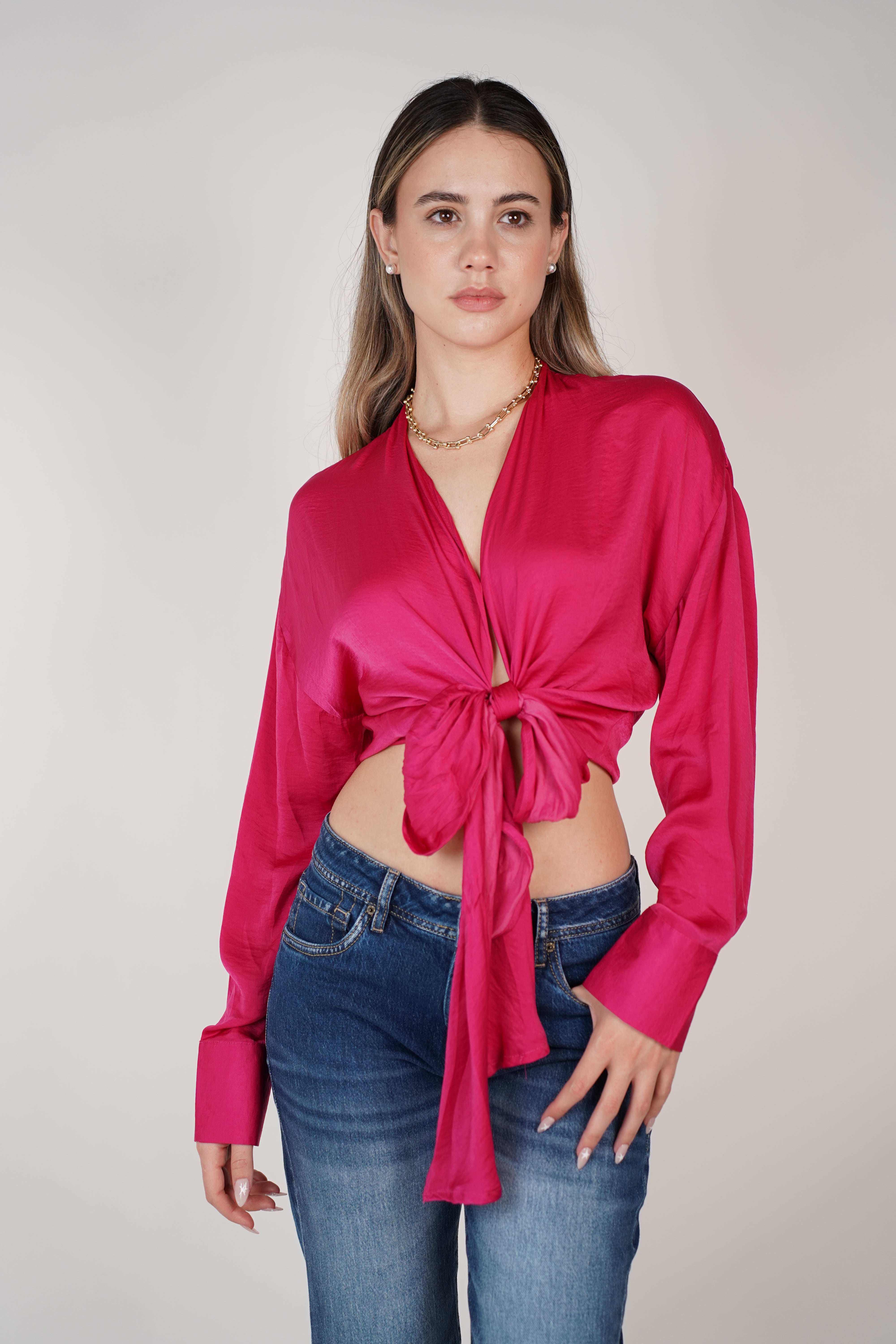 Glam Vneck Blouse – Sultry Satin Tie Top in Fuchsia or White