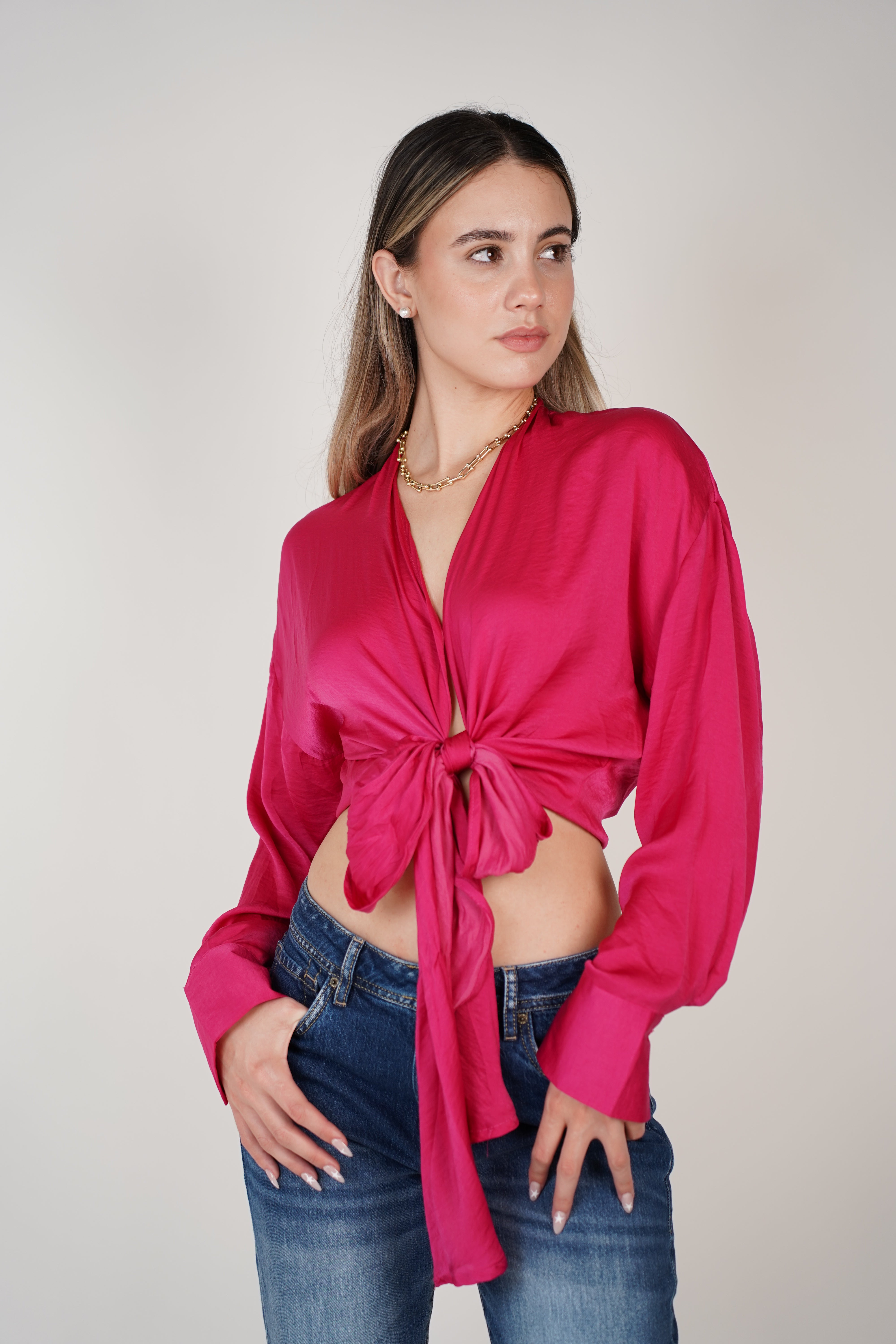 Glam Vneck Blouse – Sultry Satin Tie Top in Fuchsia or White