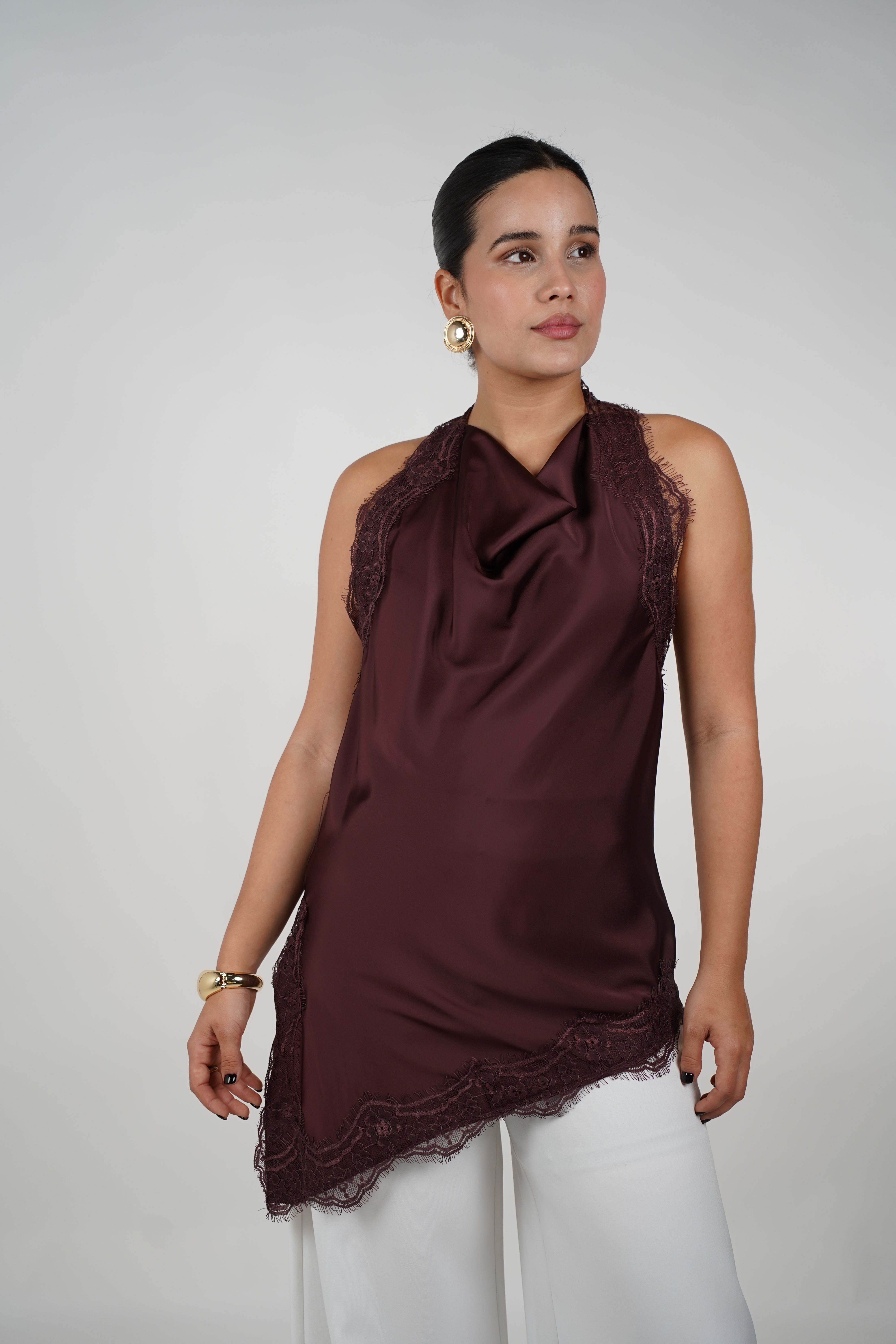 Faye Satin Top – Sleek Elegance with Delicate Lace Trim