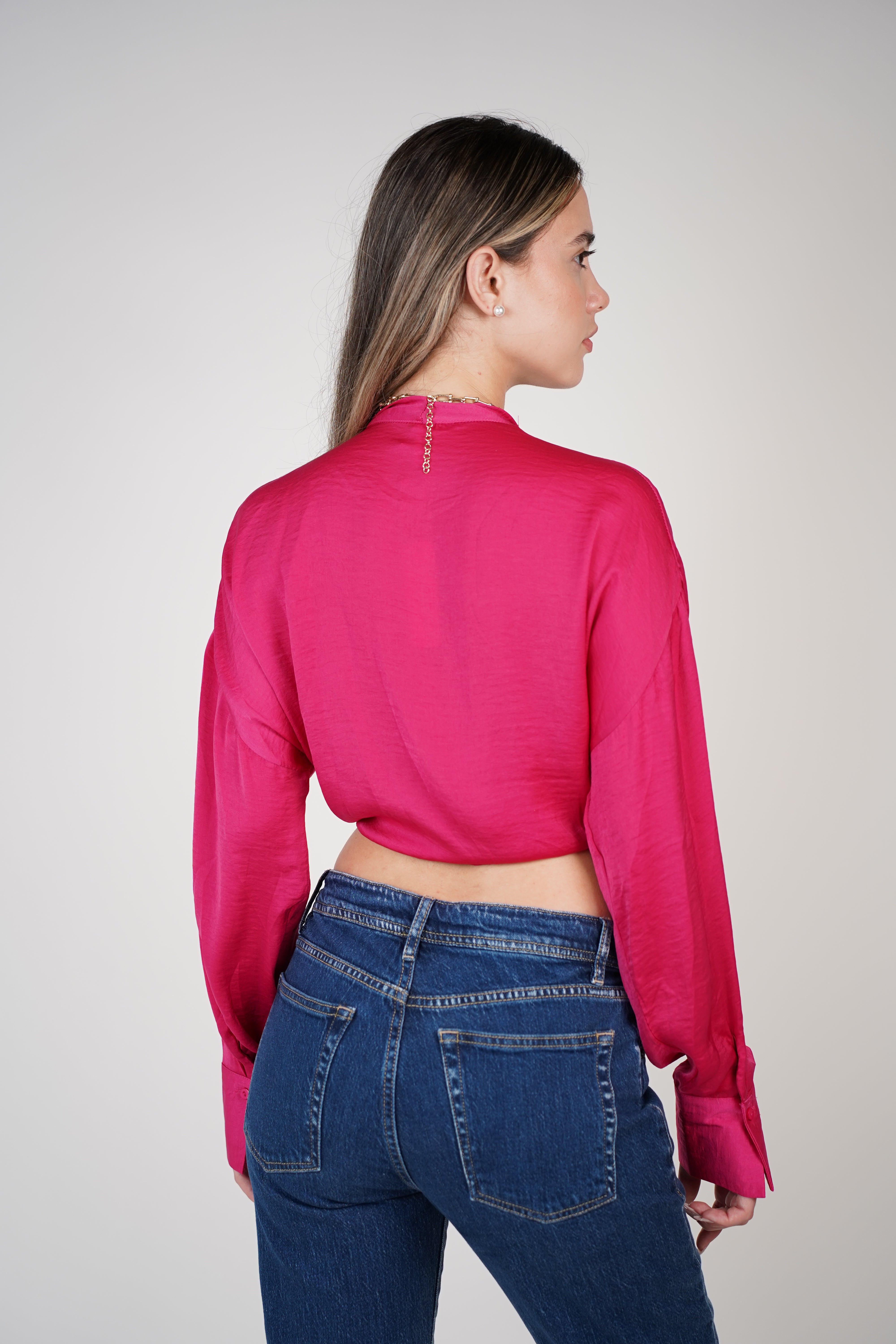 Glam Vneck Blouse – Sultry Satin Tie Top in Fuchsia or White