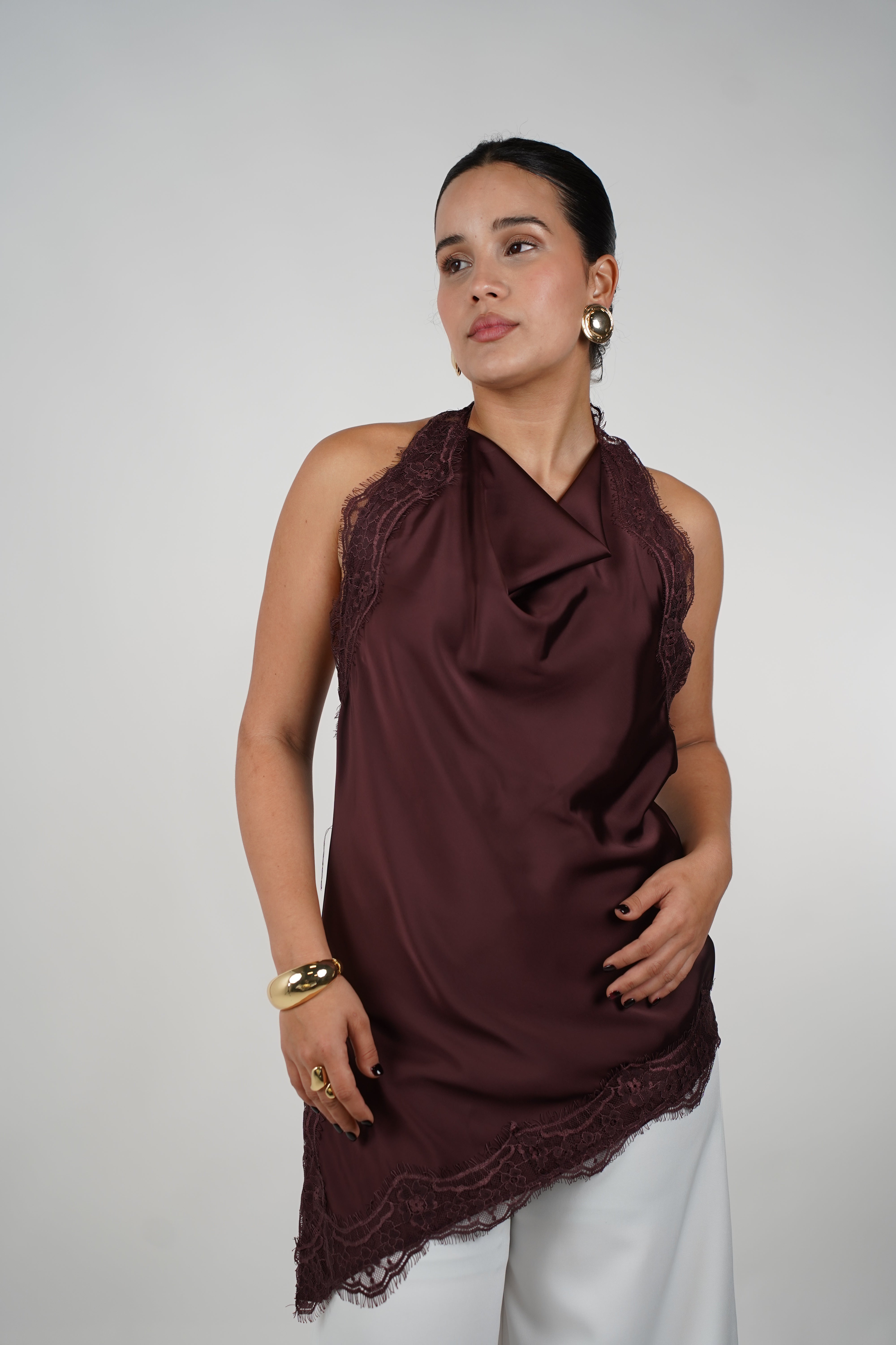 Faye Satin Top – Sleek Elegance with Delicate Lace Trim