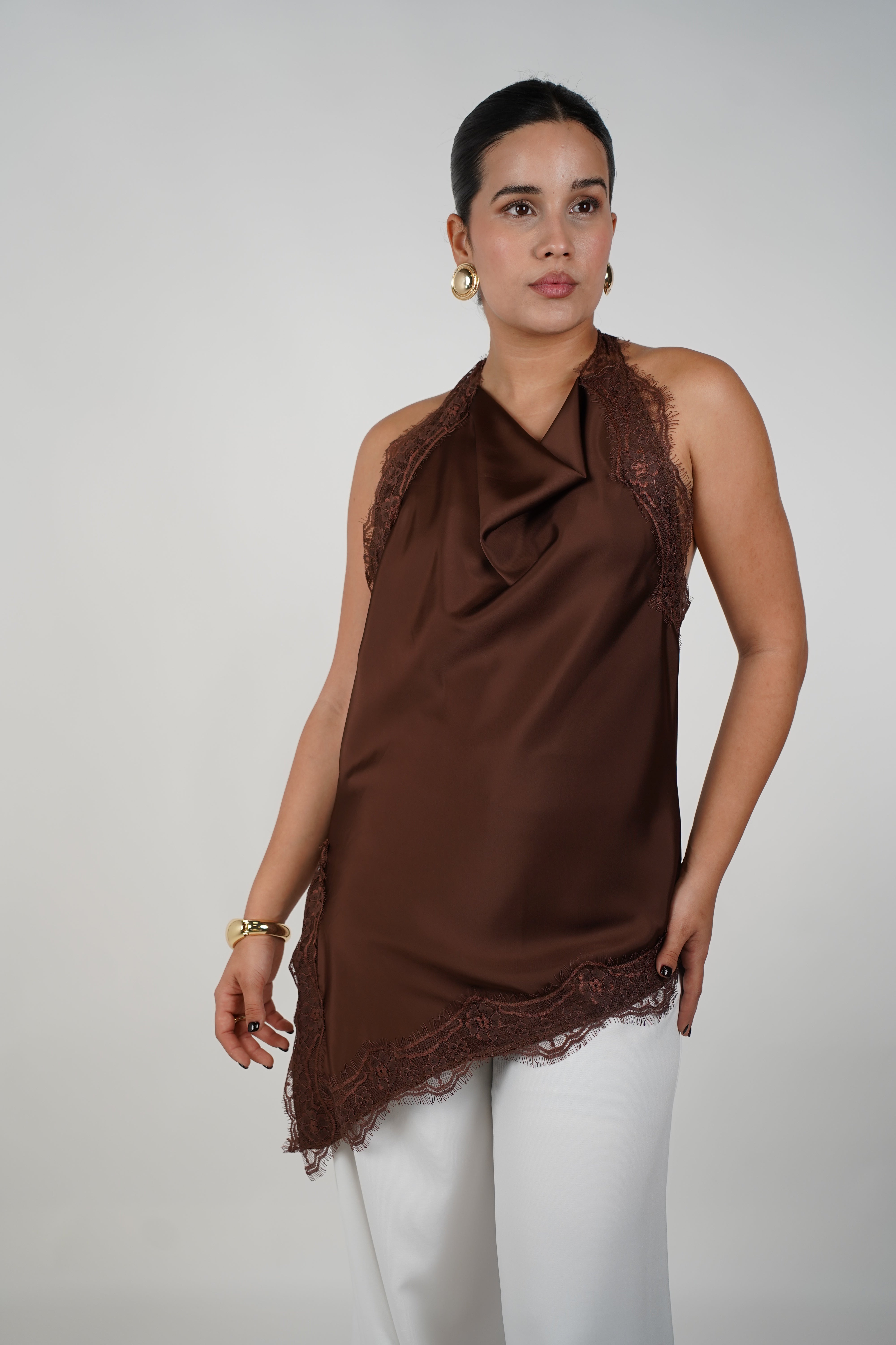 Faye Satin Top – Sleek Elegance with Delicate Lace Trim