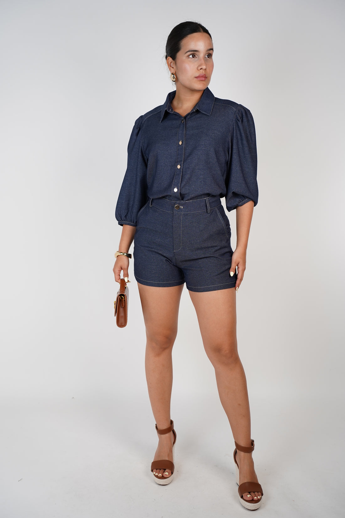 Nysa Denim Shorts Set – Dark Wash Puff Sleeve Button-Up Look