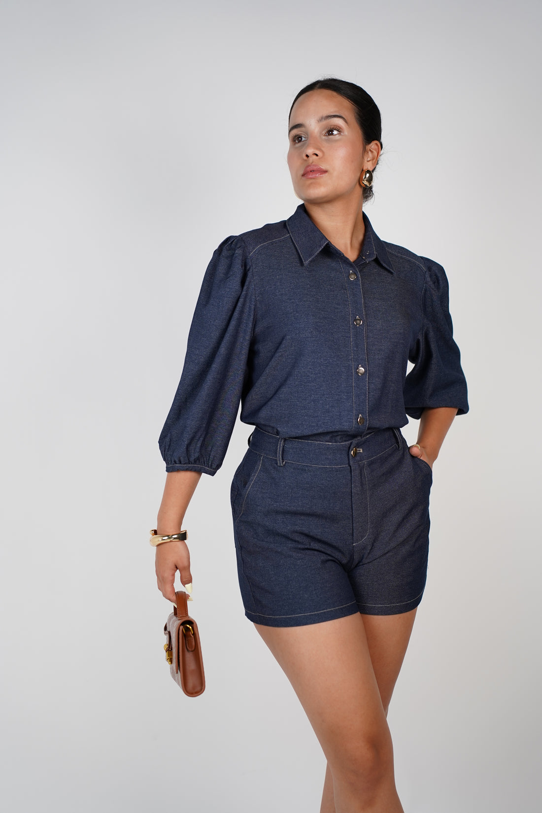 Nysa Denim Shorts Set – Dark Wash Puff Sleeve Button-Up Look