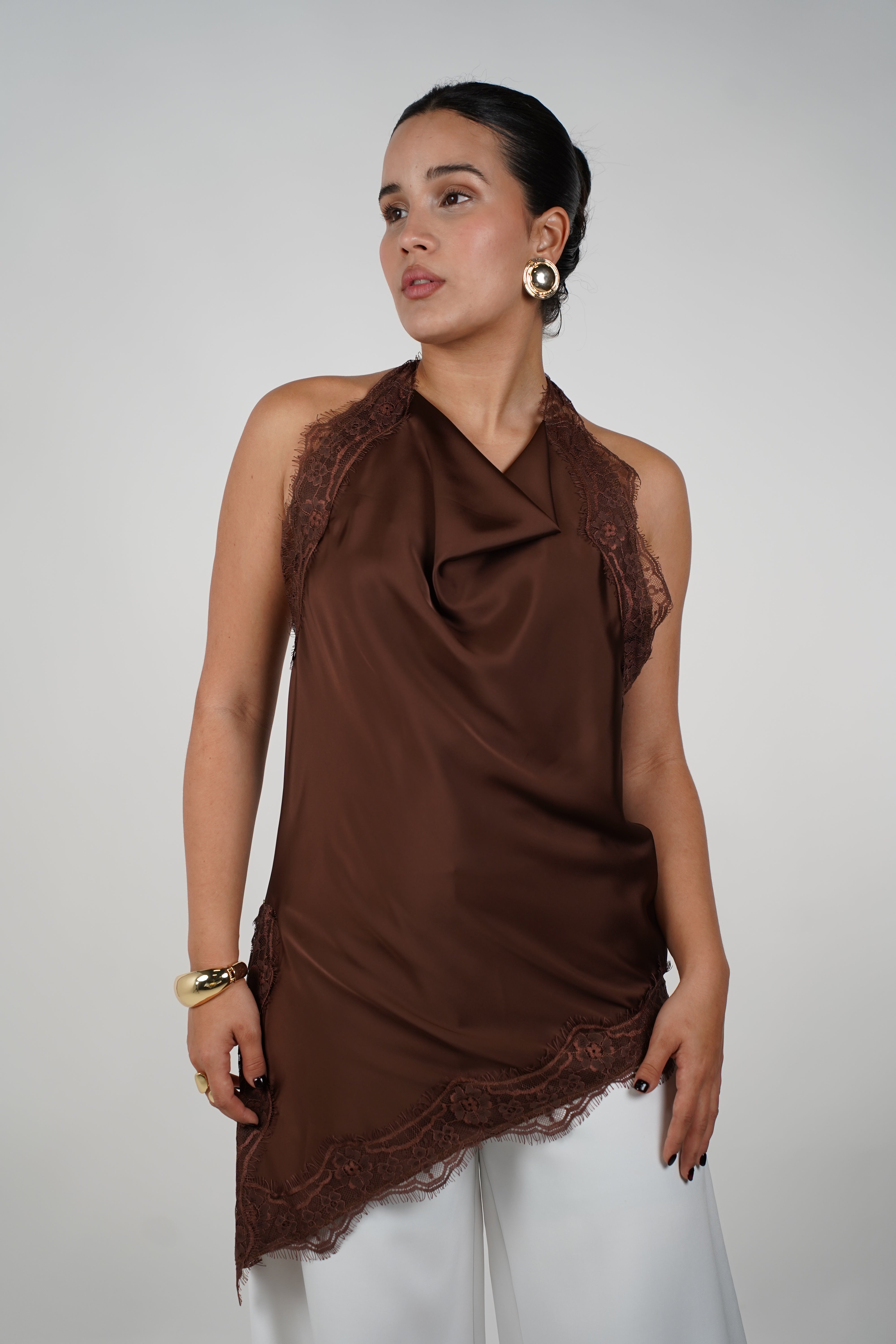 Faye Satin Top – Sleek Elegance with Delicate Lace Trim