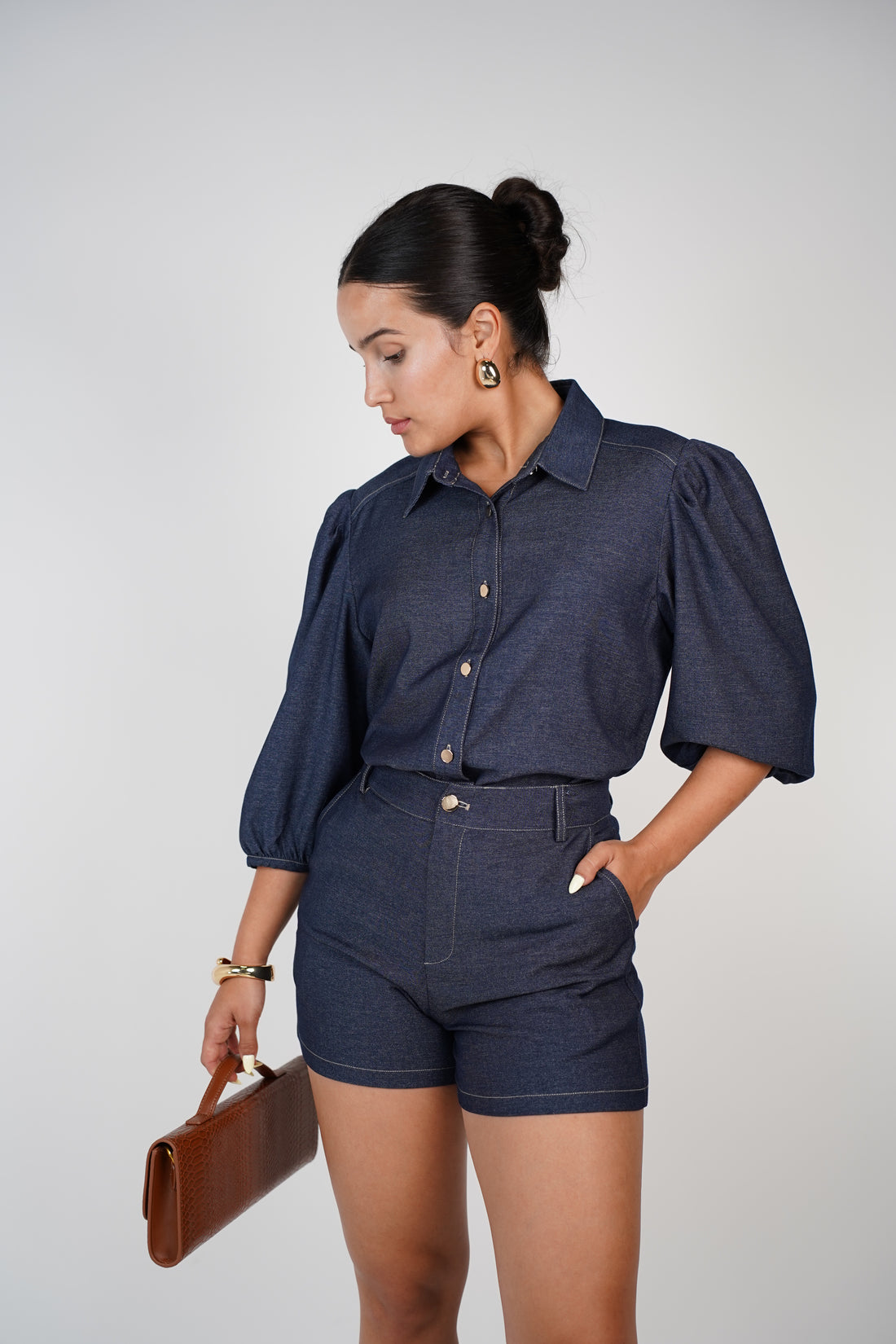 Nysa Denim Shorts Set – Dark Wash Puff Sleeve Button-Up Look