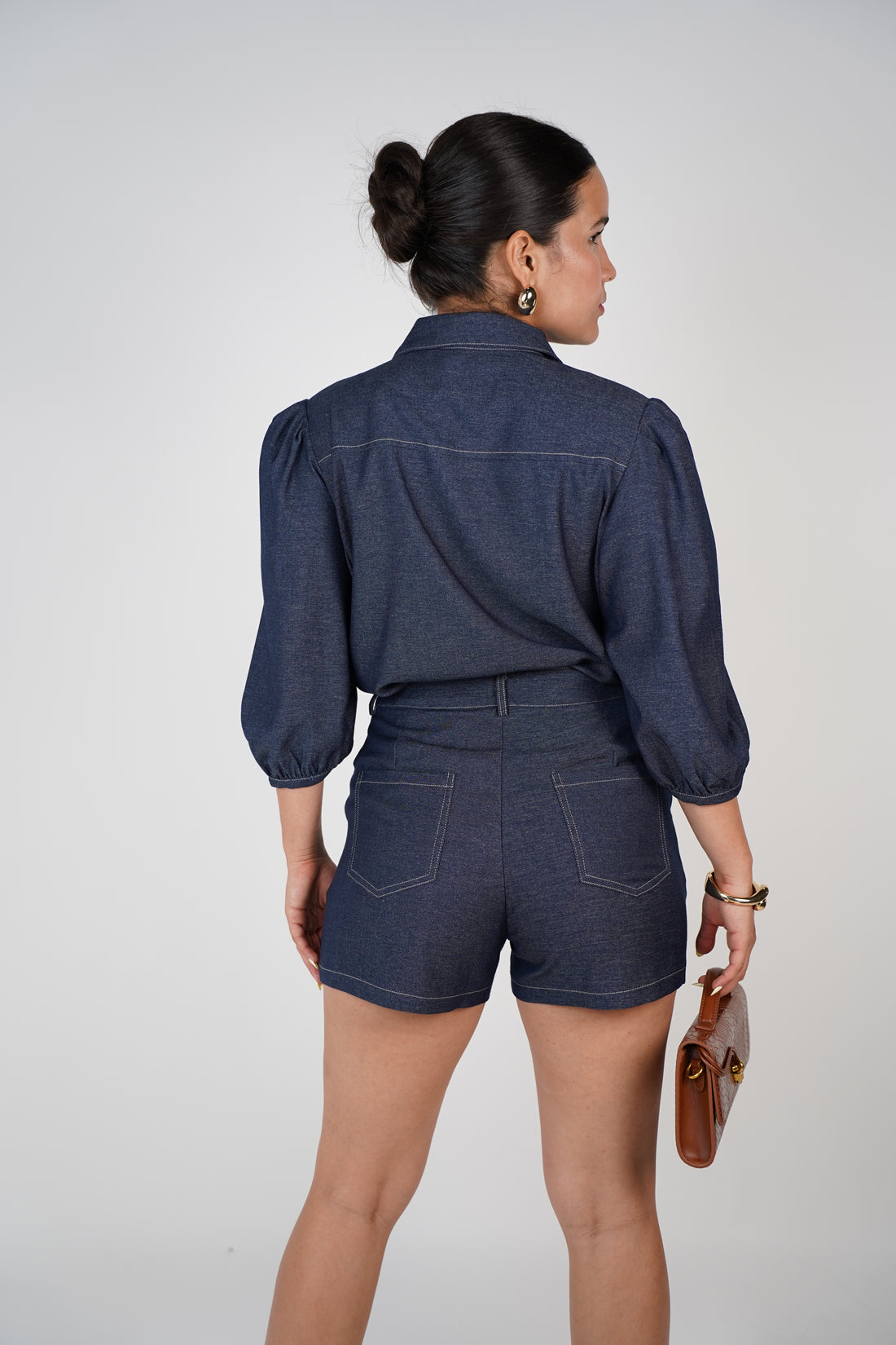 Nysa Denim Shorts Set – Dark Wash Puff Sleeve Button-Up Look