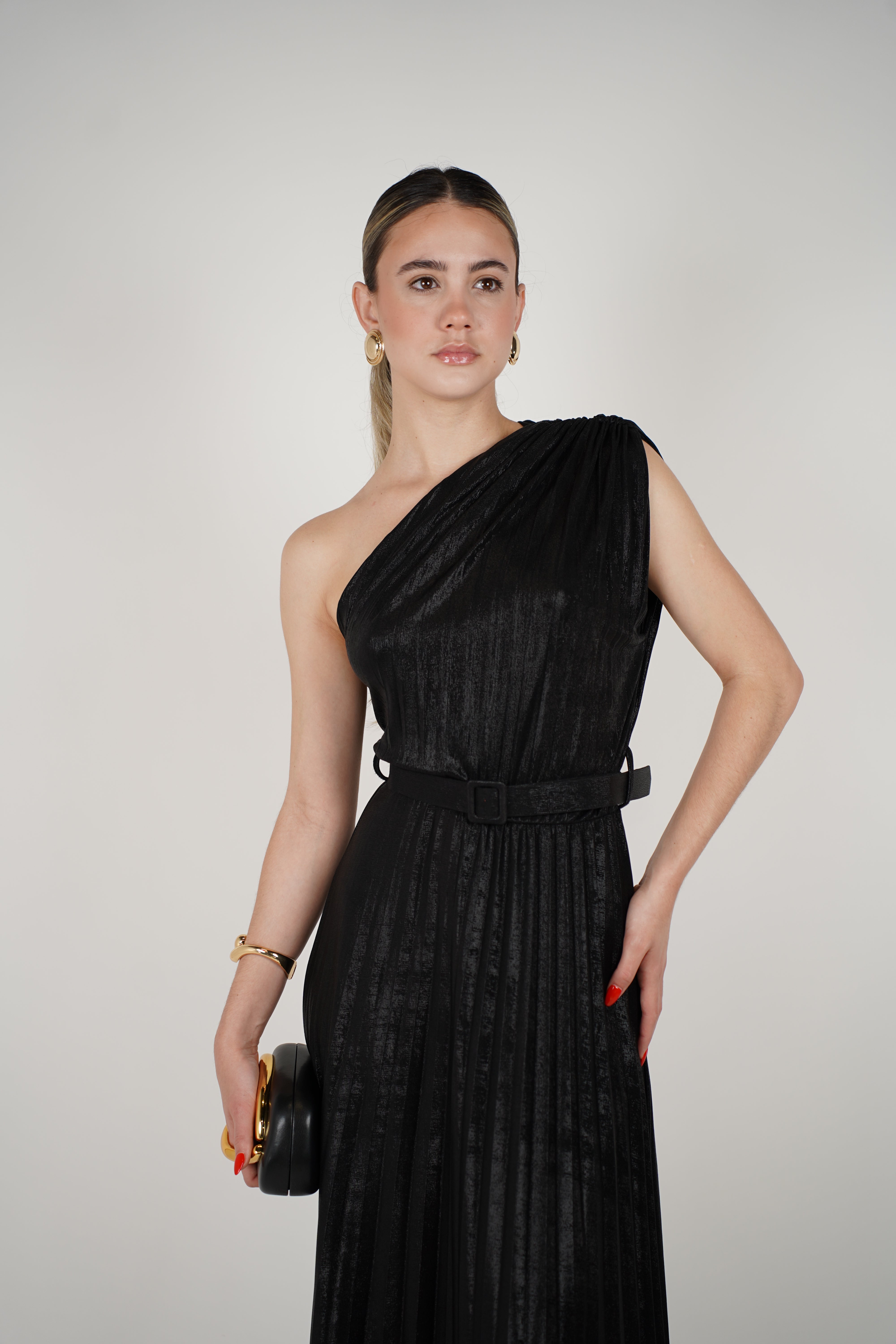 Mavis Laminated Dress – One-Shoulder Evening Elegance