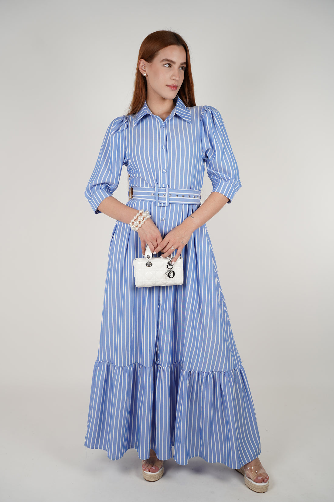 Ivonne Maxi Dress – Striped Sophistication with Belted Detail