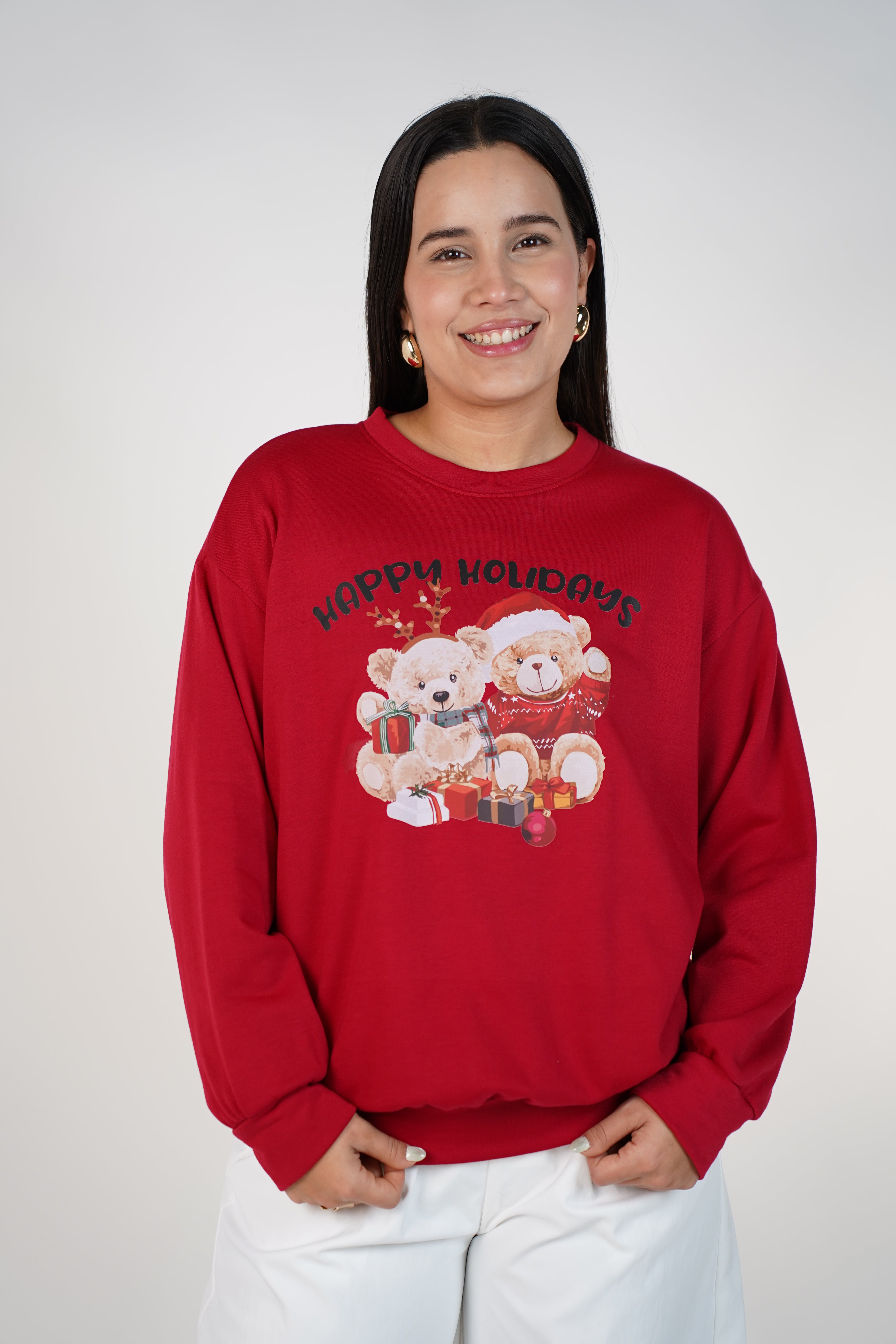 Happy Holidays Teddy Sweater – Festive Holiday Graphic Essential
