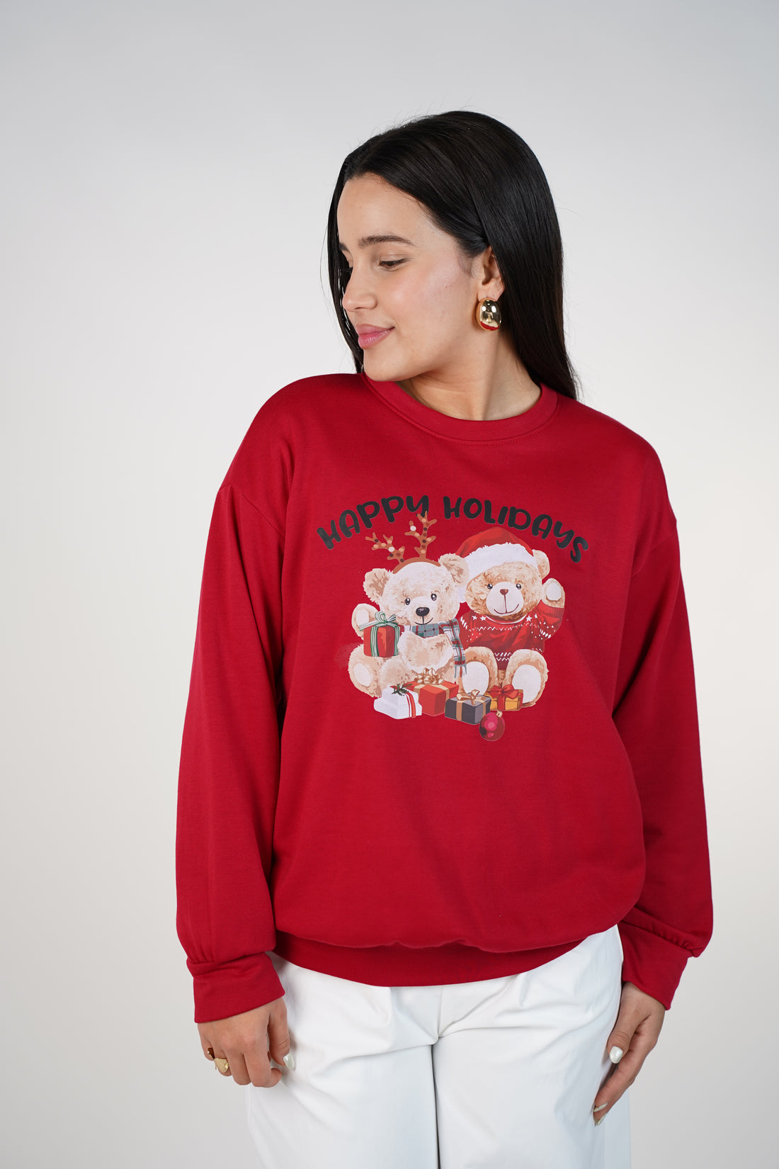 Happy Holidays Teddy Sweater – Festive Holiday Graphic Essential