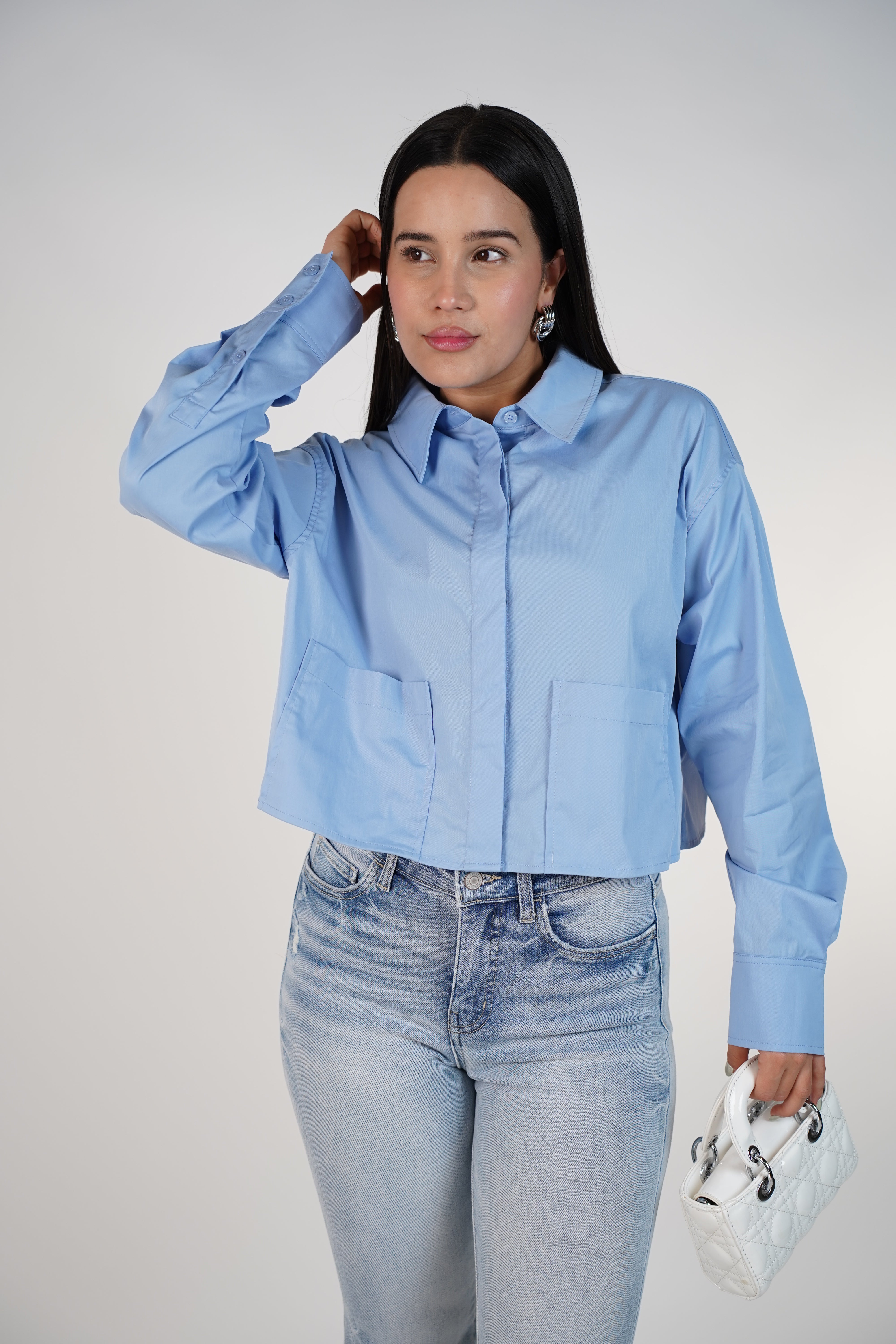 Elvoria Front Pockets Button Down – Modern Cropped Poplin Shirt
