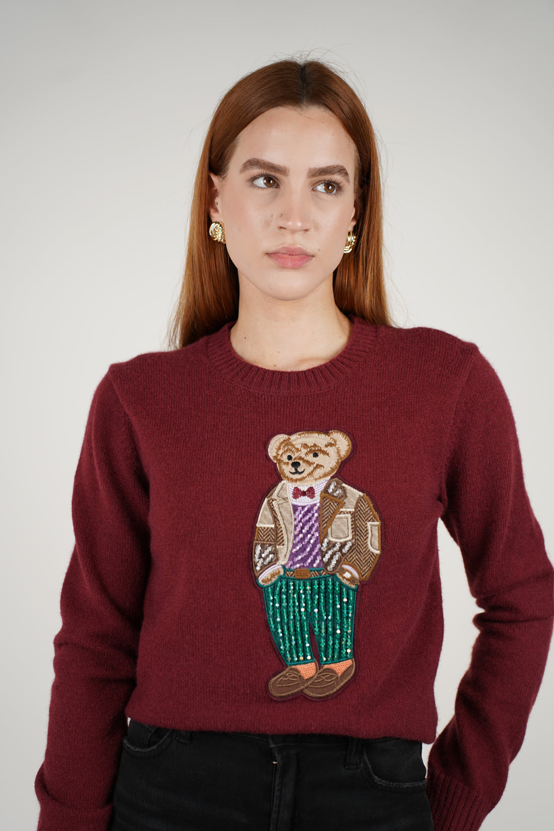 Bellona Sweater – Burgundy Knit with Statement Bear Detail