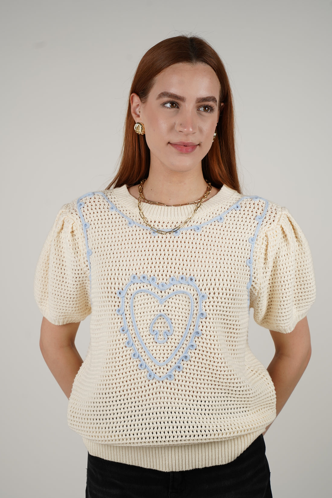 Evelyn Sweater – Cream Crochet with Baby Blue Accents