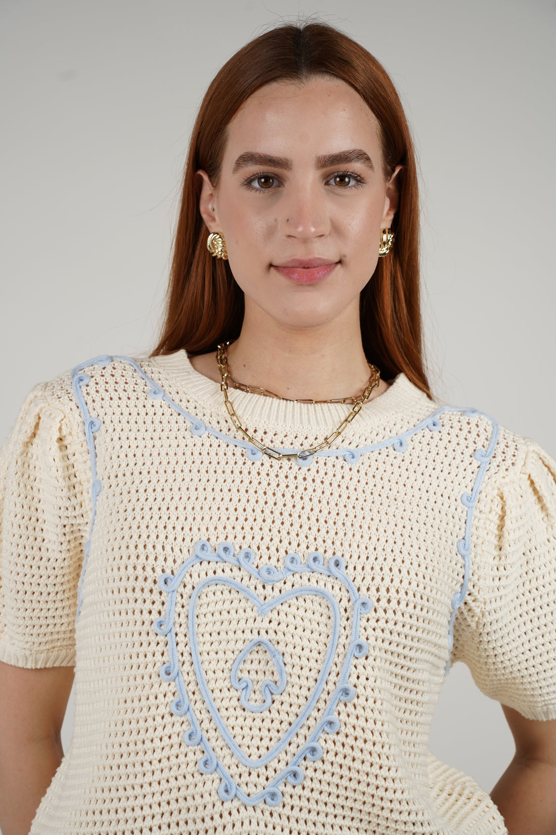 Evelyn Sweater – Cream Crochet with Baby Blue Accents