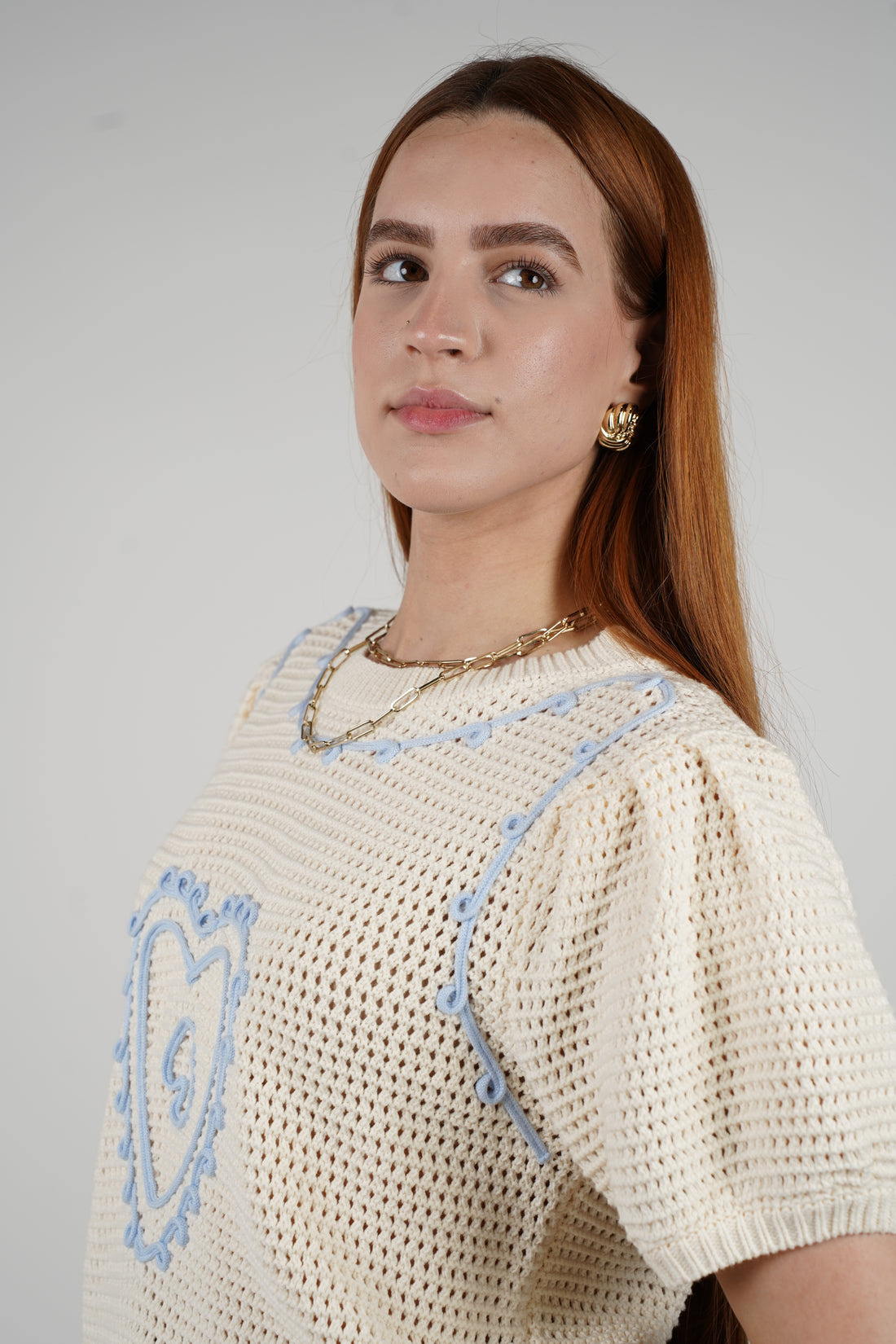 Evelyn Sweater – Cream Crochet with Baby Blue Accents