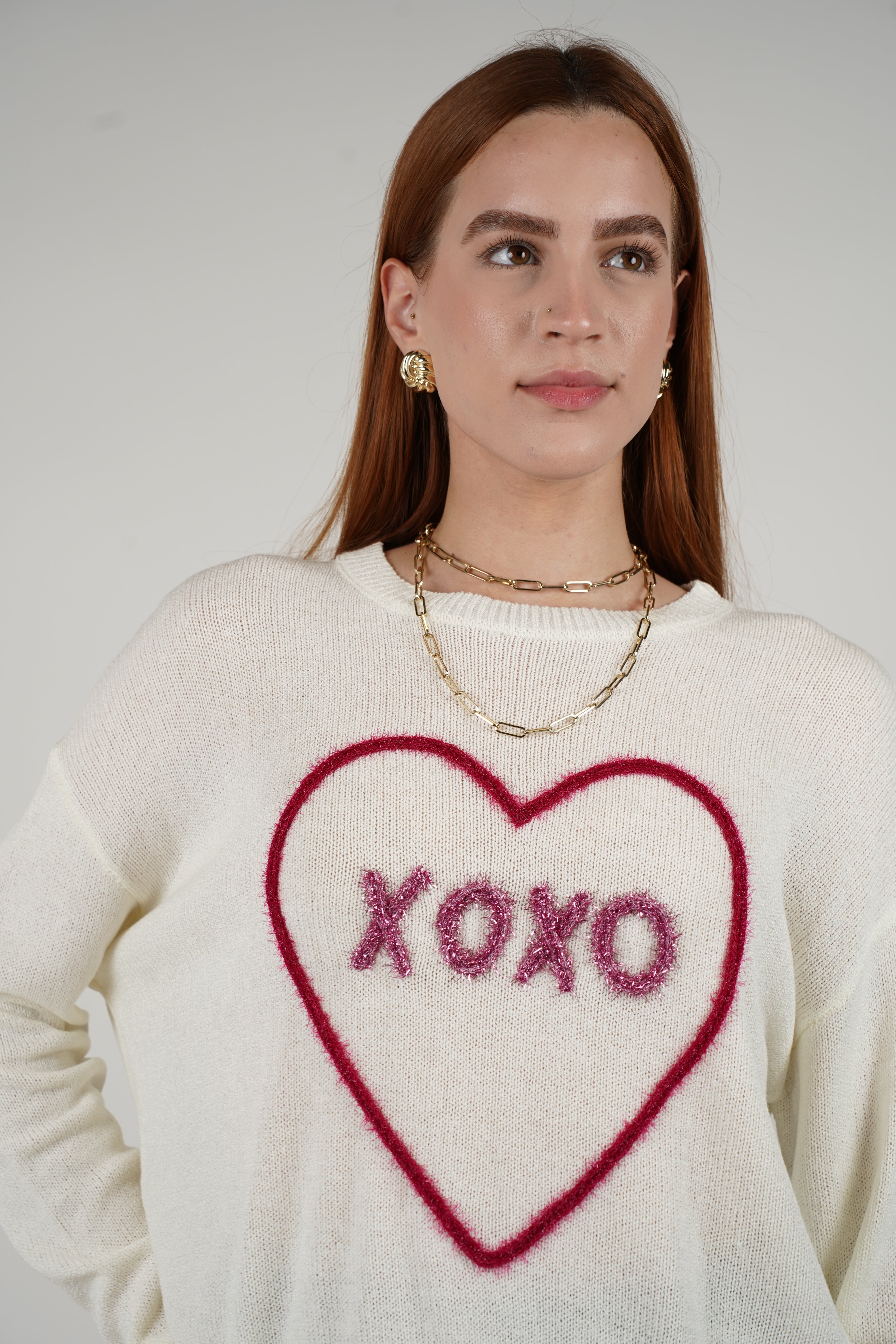 Martuchi XOXO Sweater – Cream Knit with Fuzzy Heart Detail