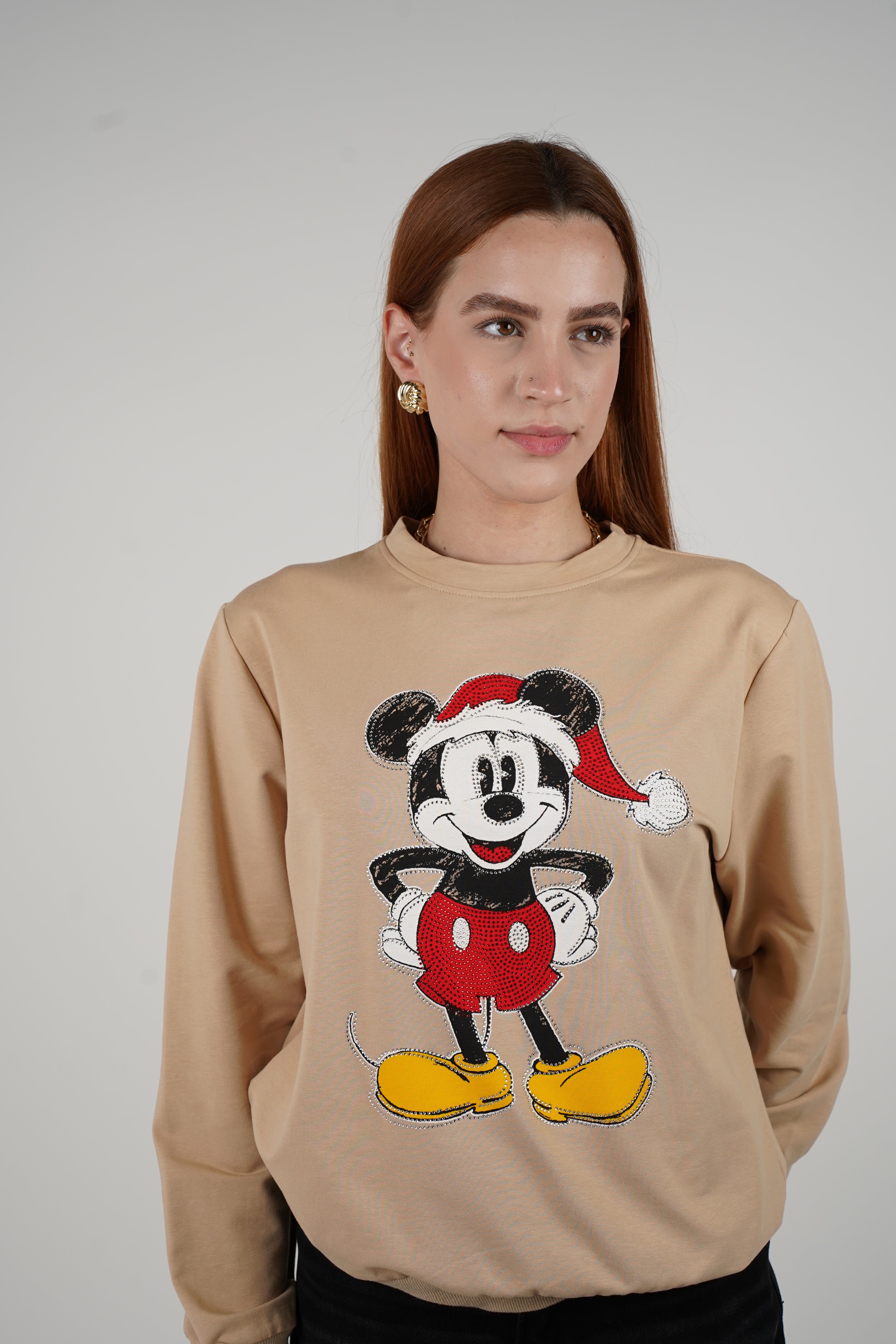 Santa Hat Mickey Sweater – Classic Tan with Holiday Cheer