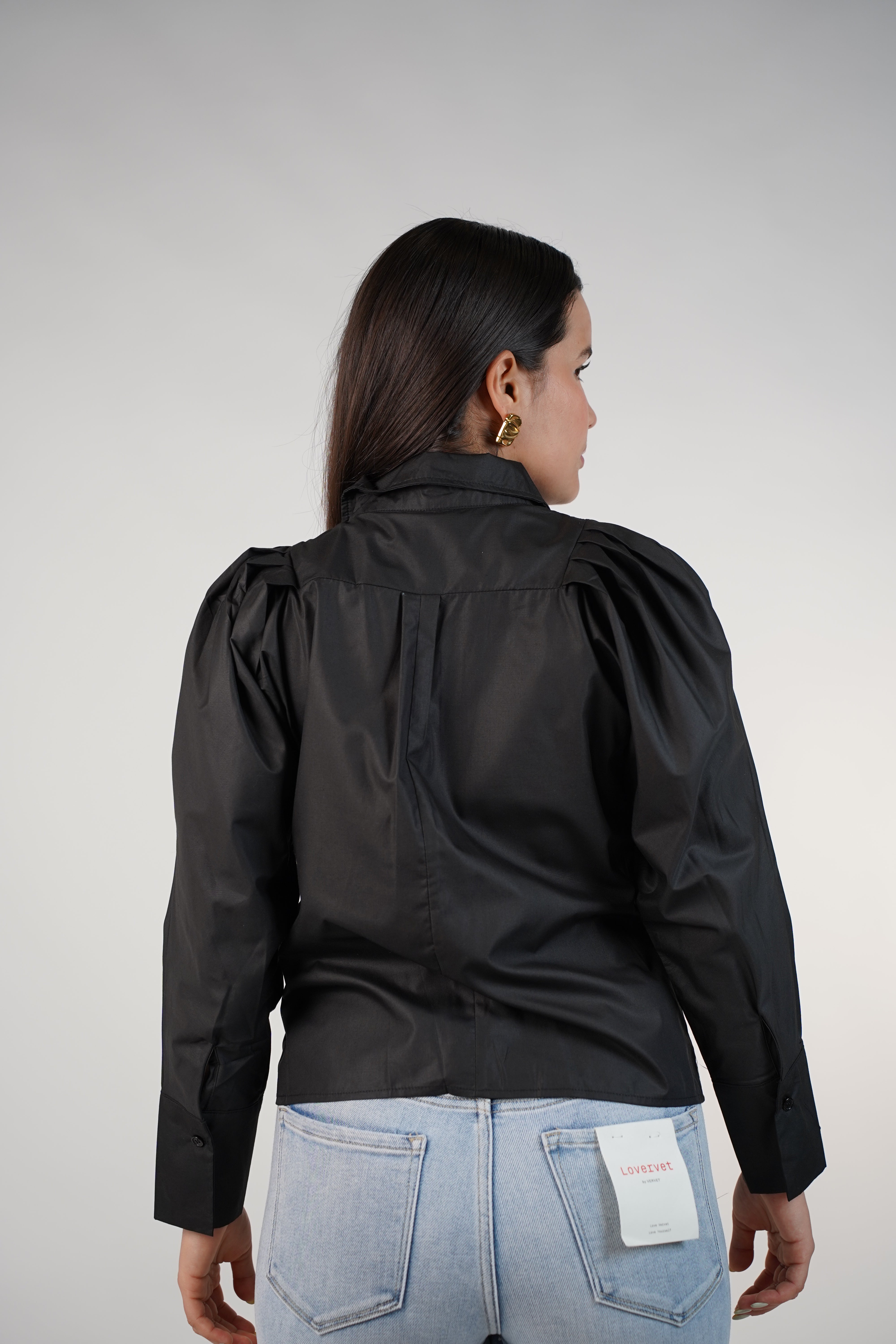 Rinna Button Down – Puff Shoulder Blue Blouse