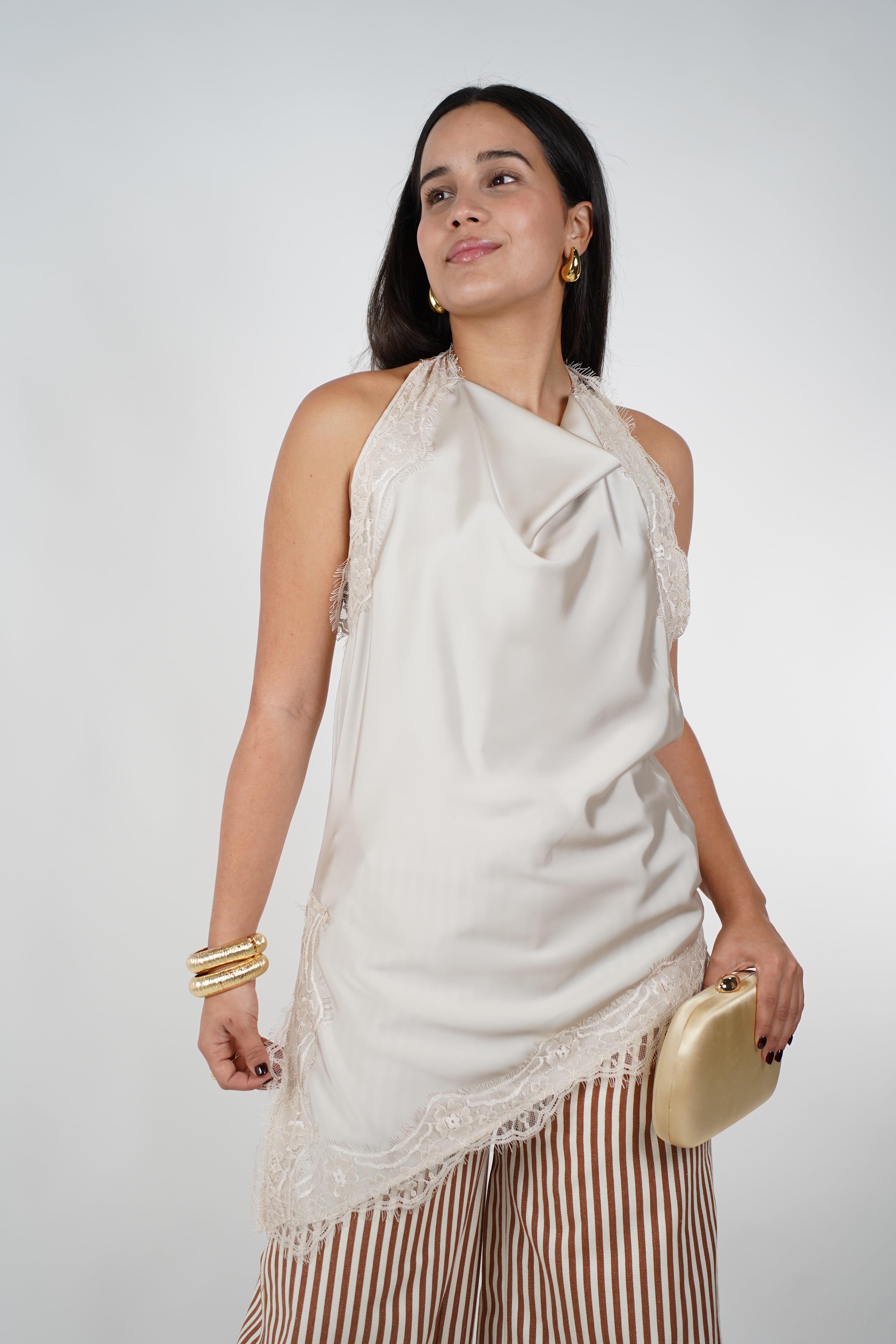 Faye Satin Top – Sleek Elegance with Delicate Lace Trim