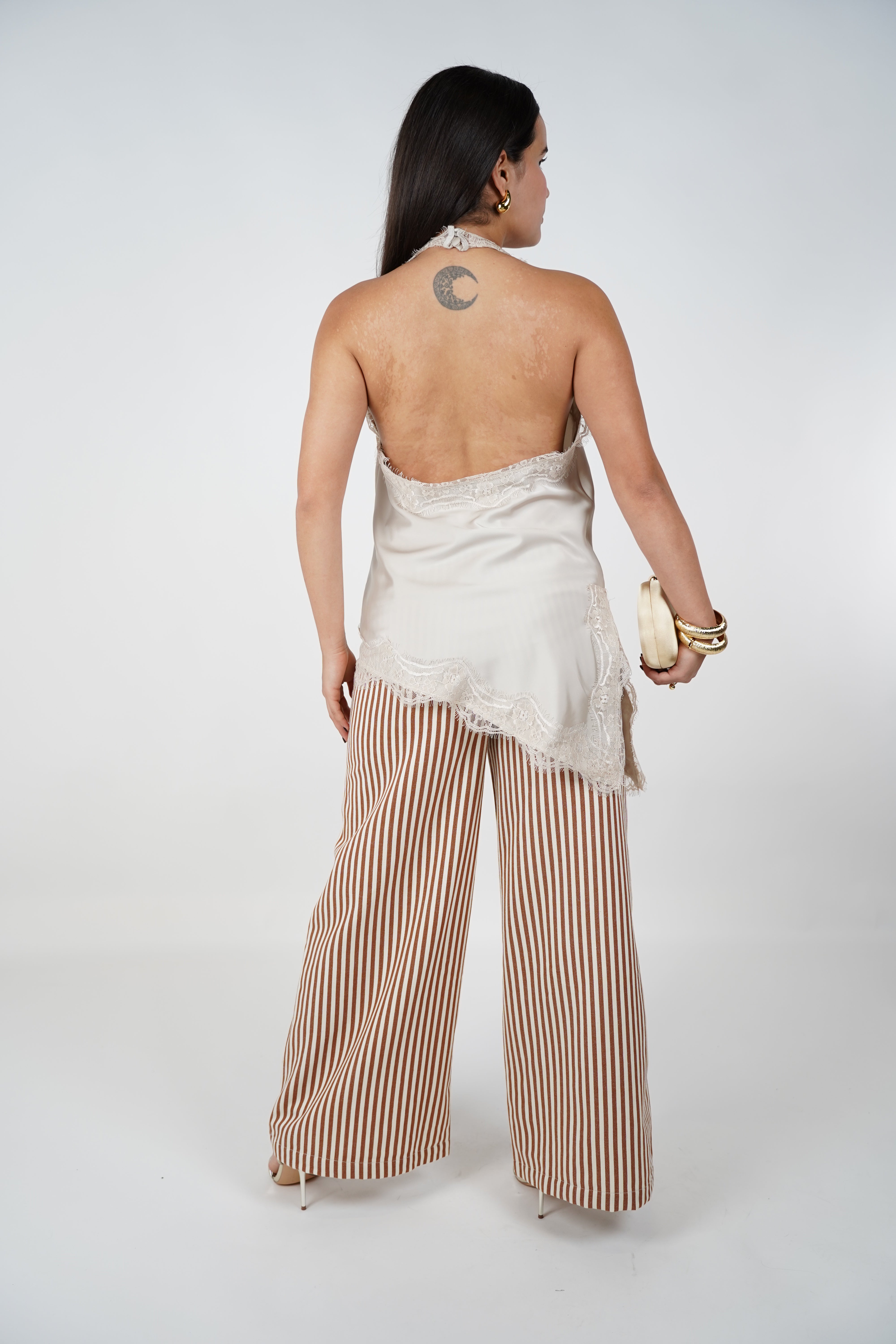 Faye Satin Top – Sleek Elegance with Delicate Lace Trim